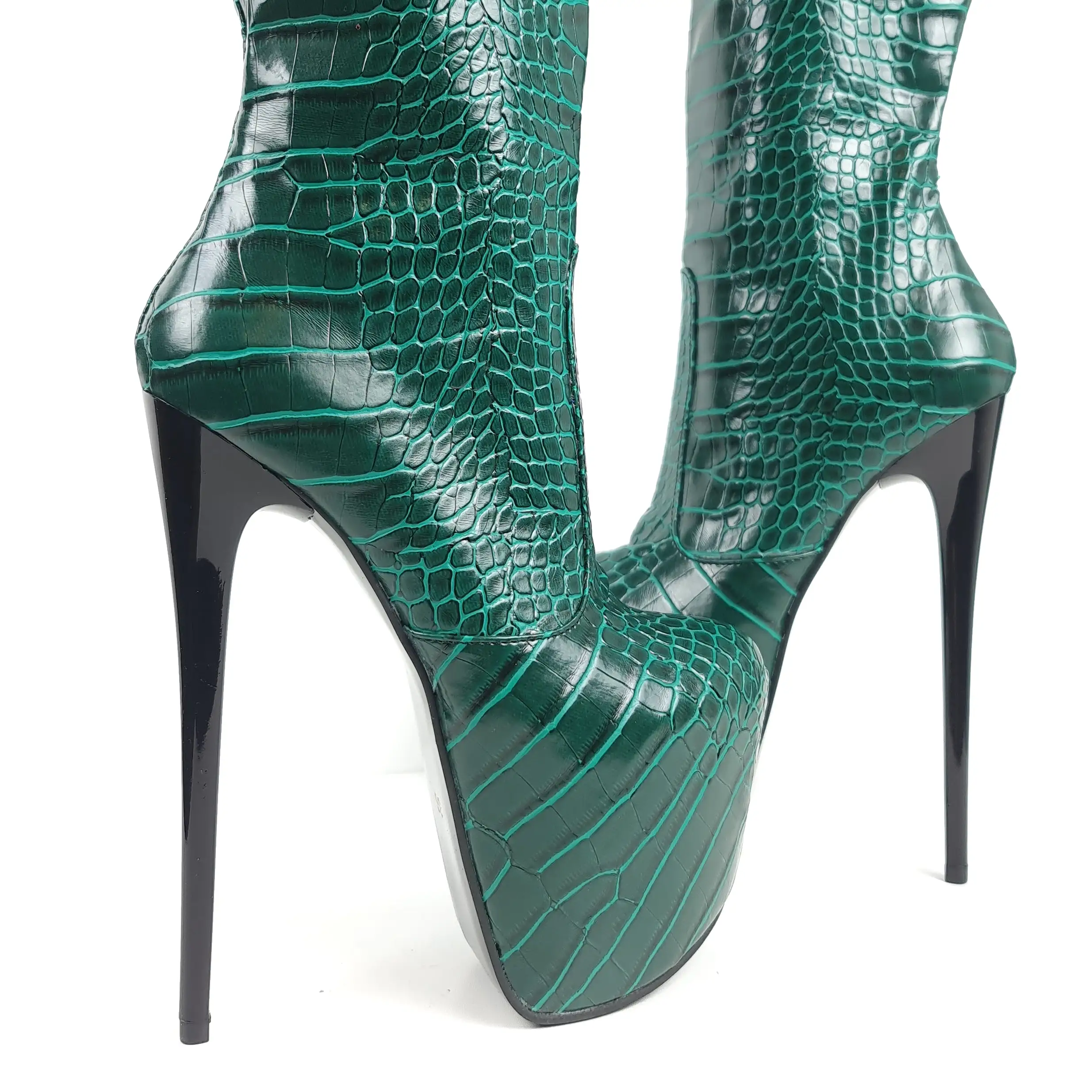 Green Croco Mid Calf High Heel Boots