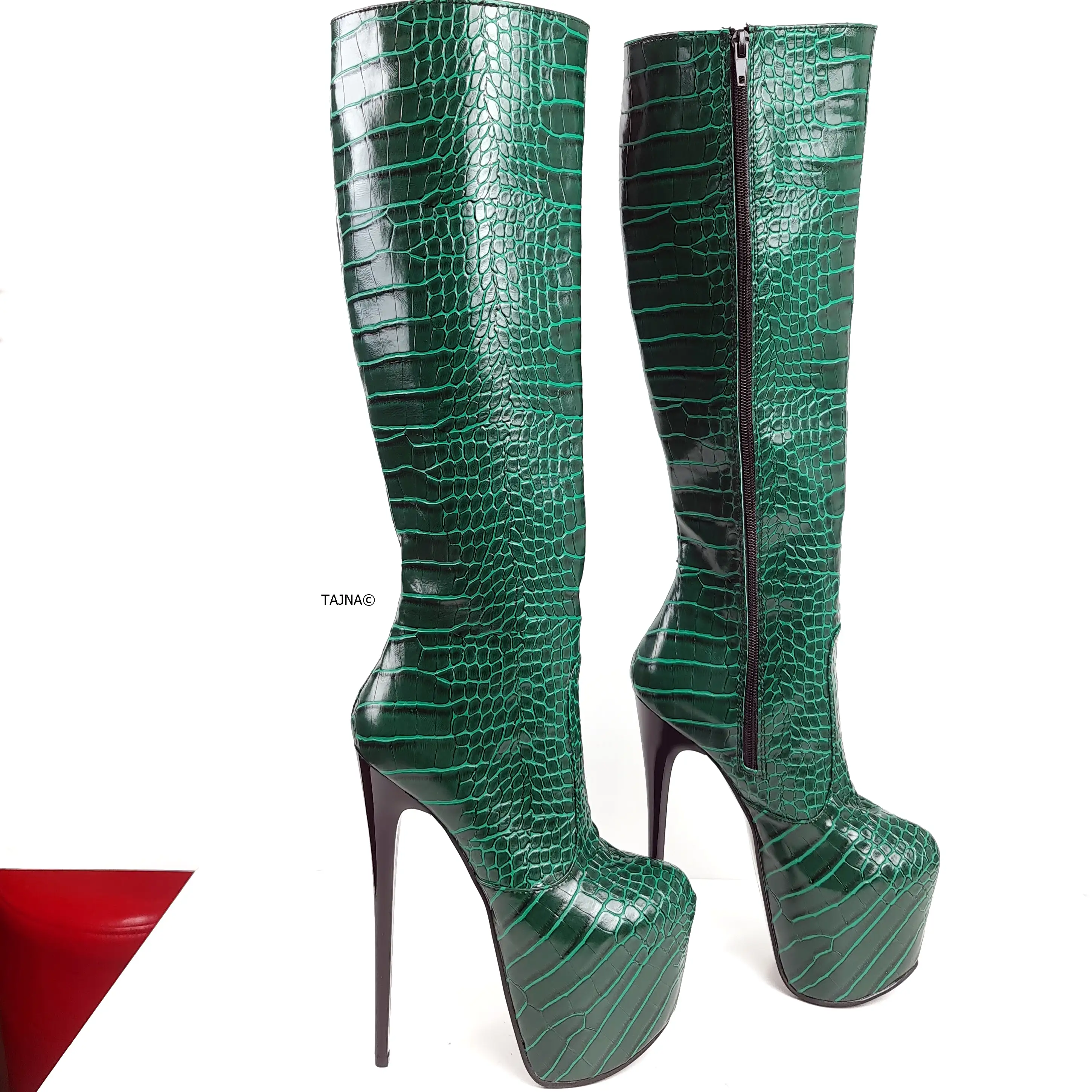 Green Croco Mid Calf High Heel Boots