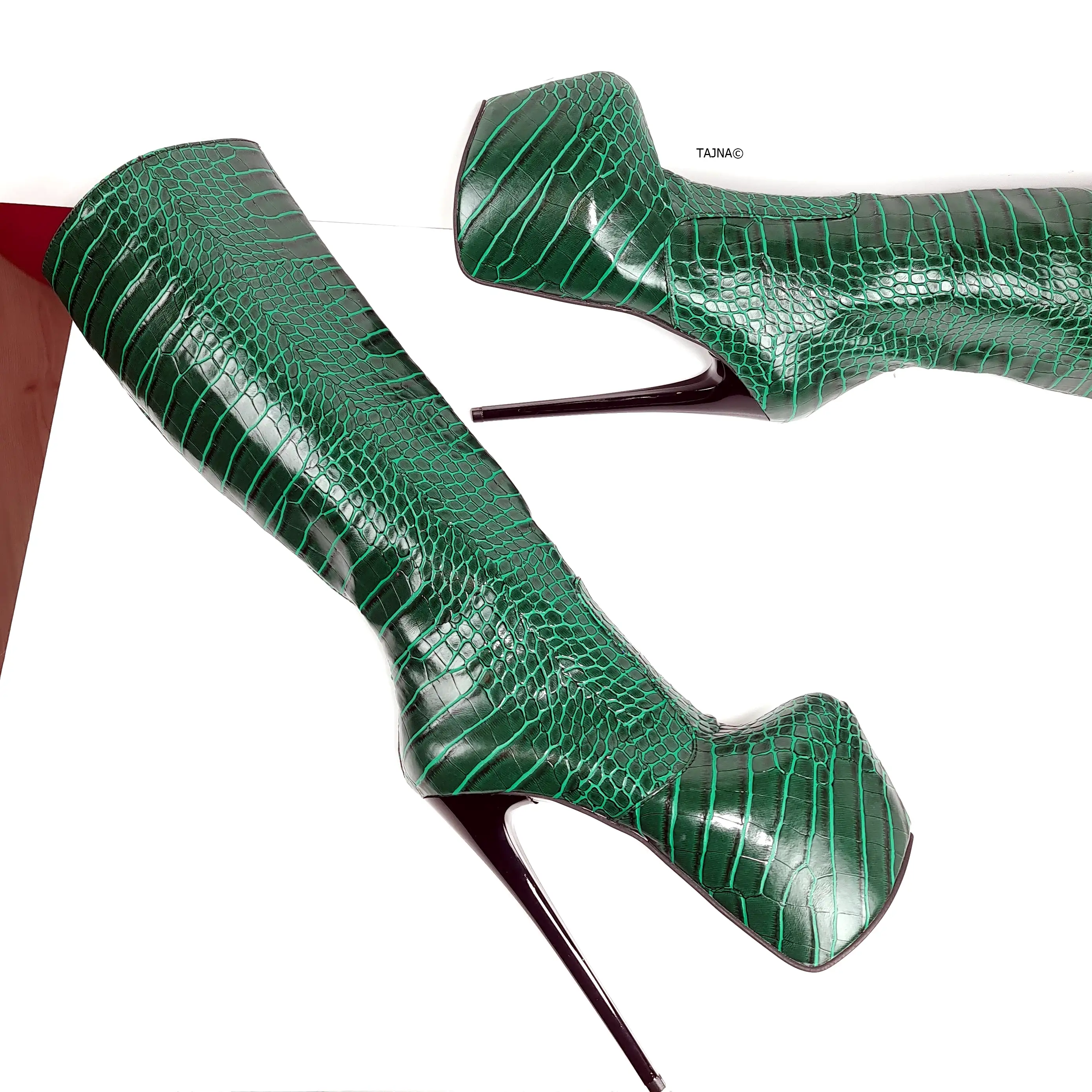 Green Croco Mid Calf High Heel Boots