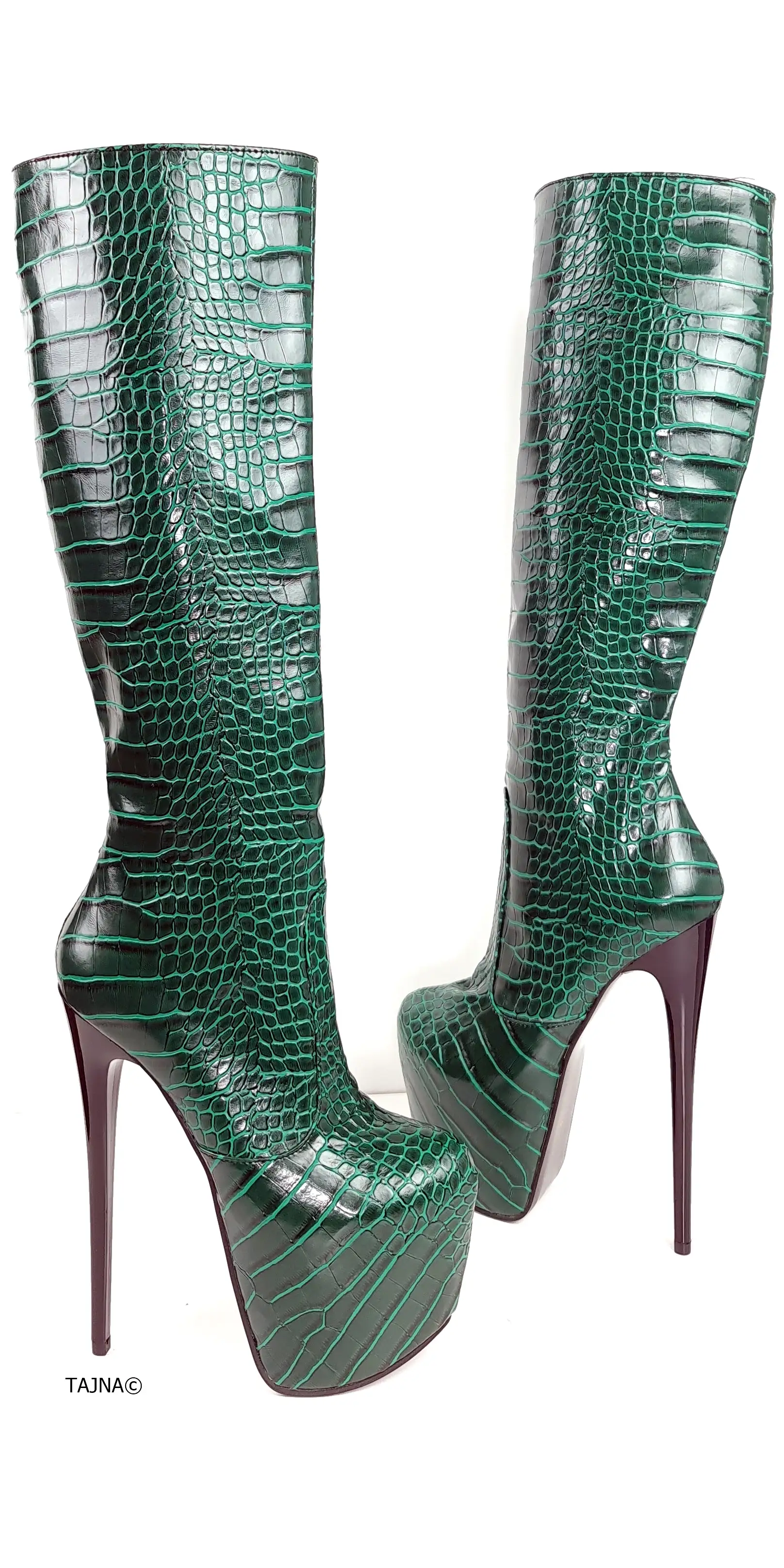 Green Croco Mid Calf High Heel Boots