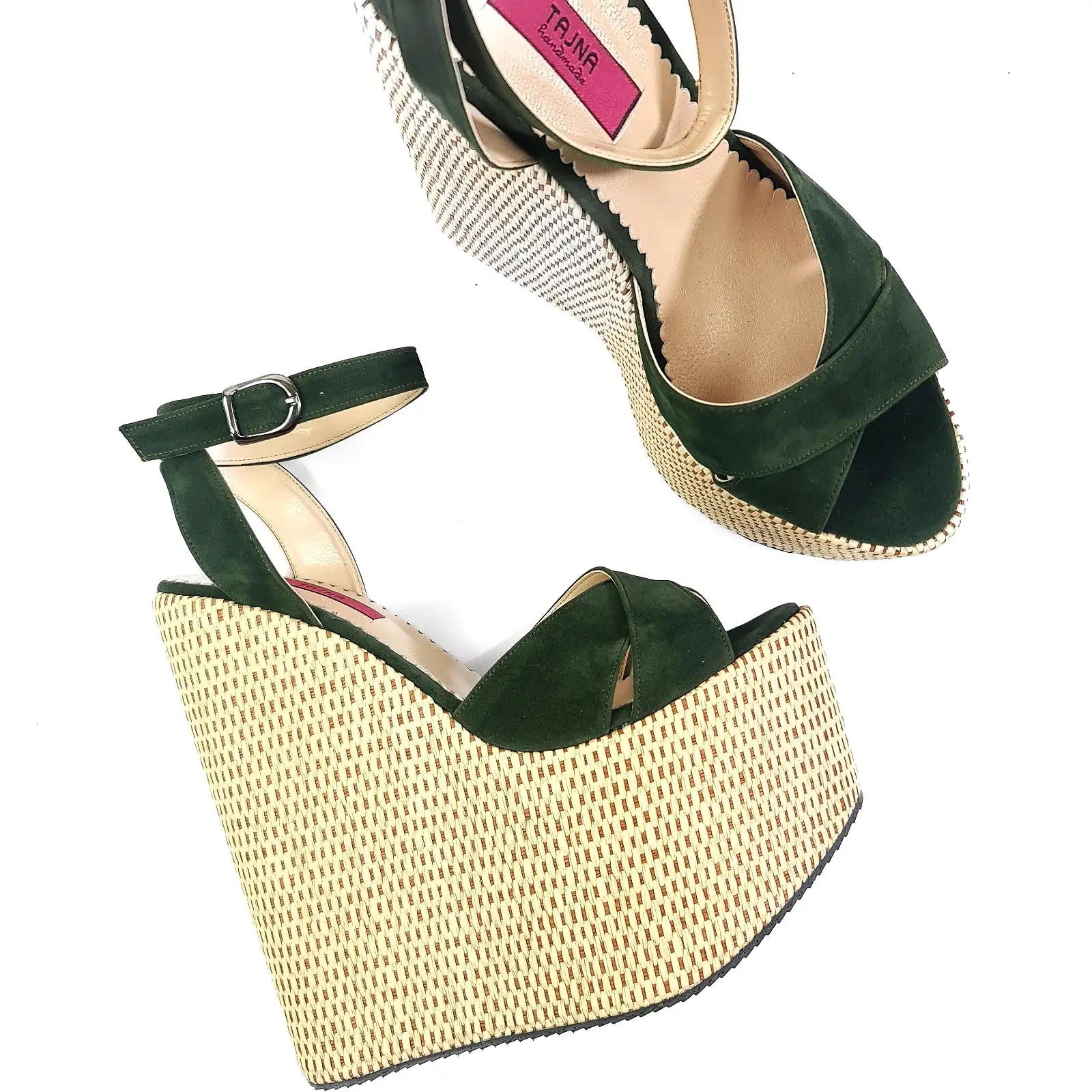 Green Suede Espadril Style Wedge Platform Sandals