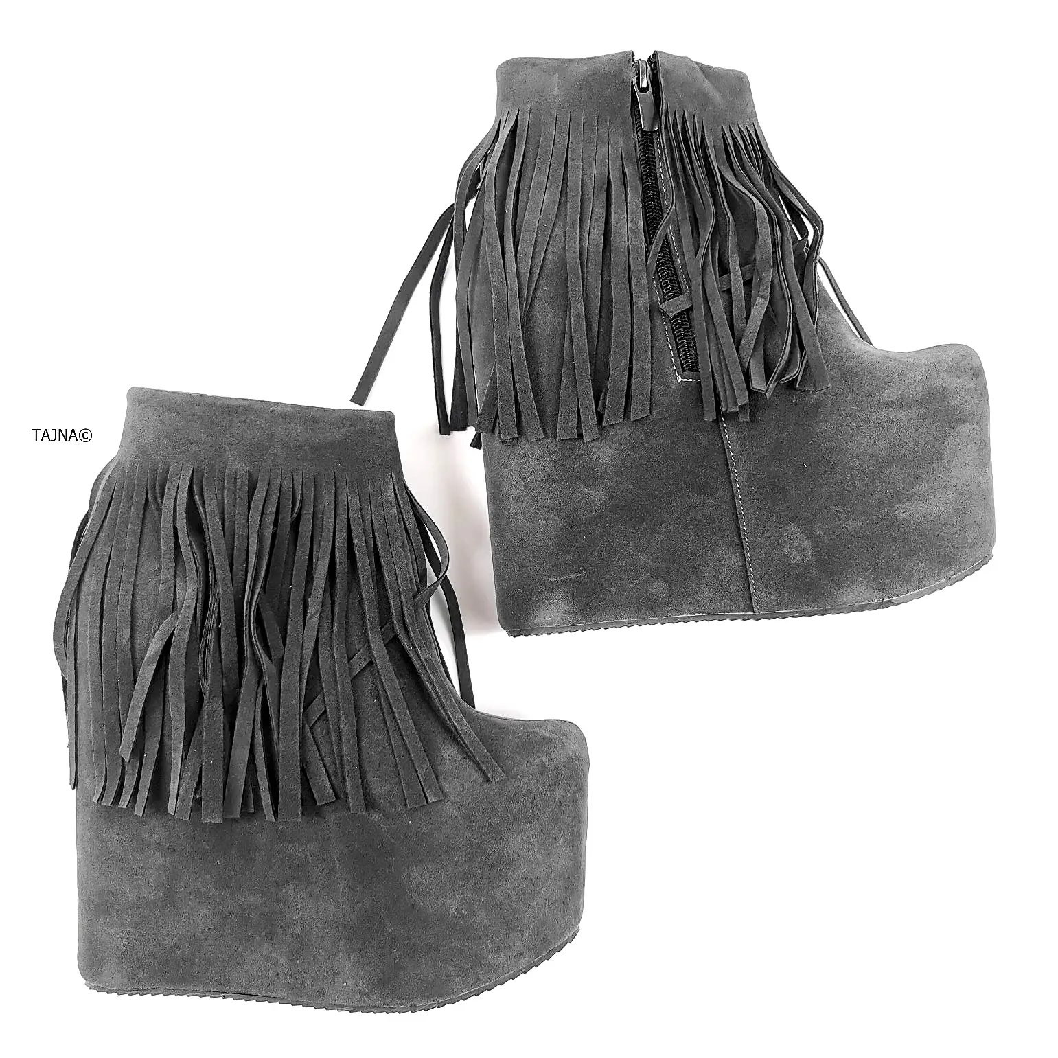 Grey Fringe Wedge Platform Boots