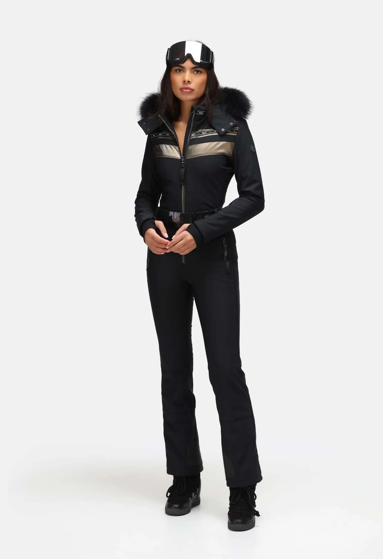 Kelly by Sissy Carol Softshell One Piece Ski Suit in Black with Fur Trim