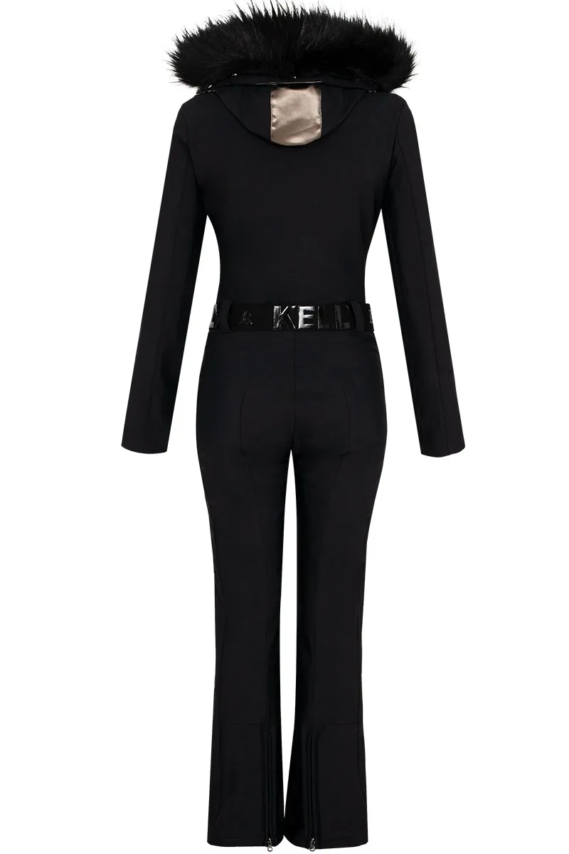 Kelly by Sissy Carol Softshell One Piece Ski Suit in Black with Fur Trim