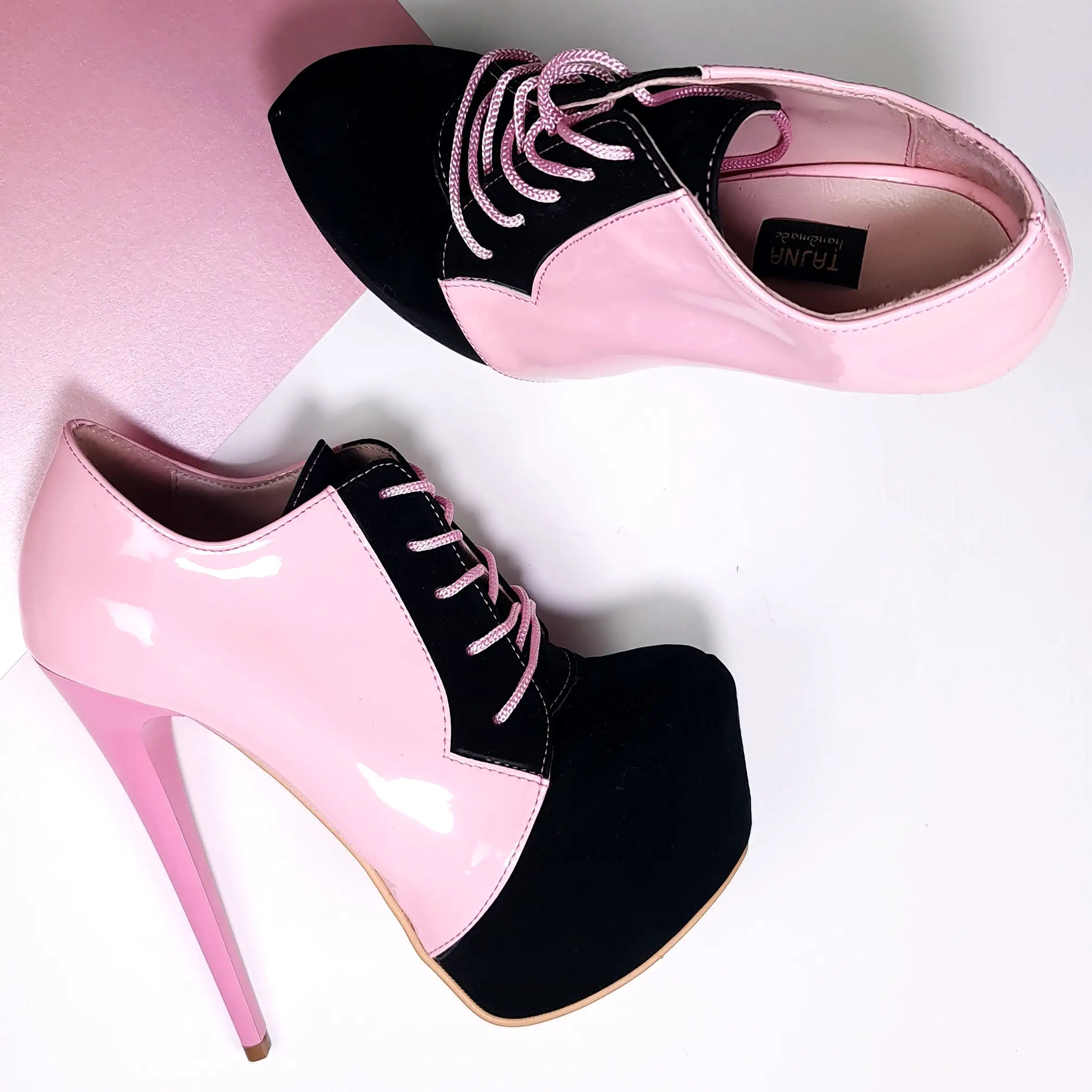 Light Pink Black Oxford Lace Up Ankle Cut Heels