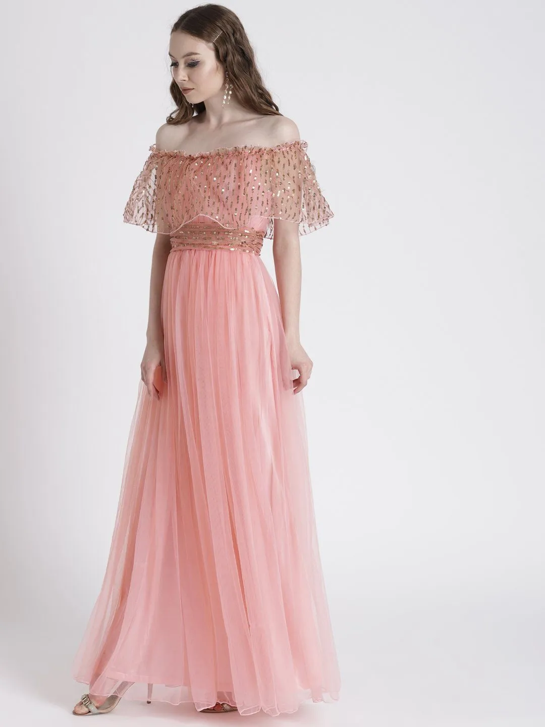 LIGHT PINK OFF-SHOULDER GOWN WITH SHIMMER DETAIL