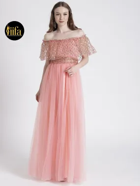 LIGHT PINK OFF-SHOULDER GOWN WITH SHIMMER DETAIL