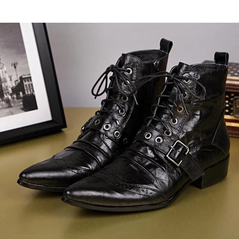 Men's Fashion Leather Pointed Toe Lace-Up Buckle Strap Ankle Boots