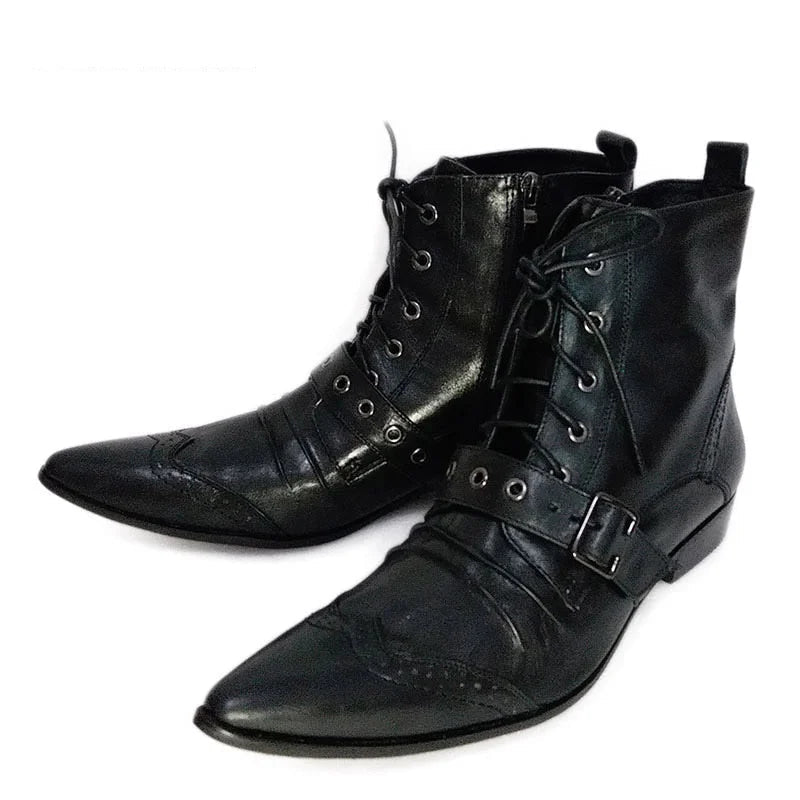 Men's Fashion Leather Pointed Toe Lace-Up Buckle Strap Ankle Boots