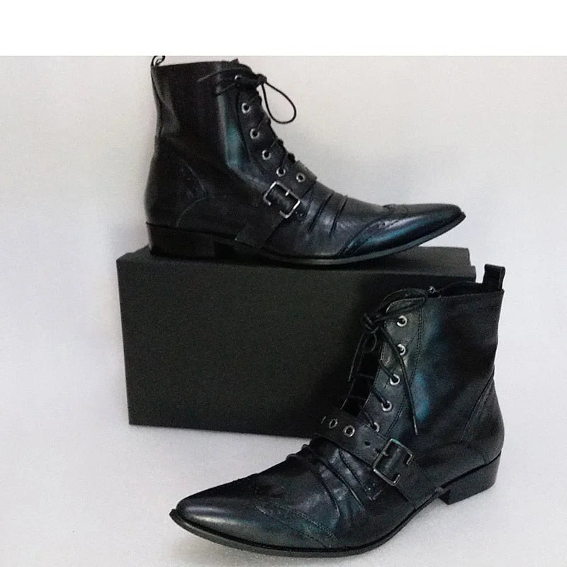 Men's Fashion Leather Pointed Toe Lace-Up Buckle Strap Ankle Boots