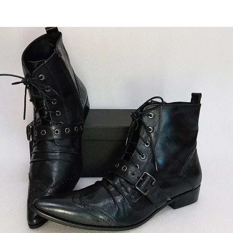 Men's Fashion Leather Pointed Toe Lace-Up Buckle Strap Ankle Boots