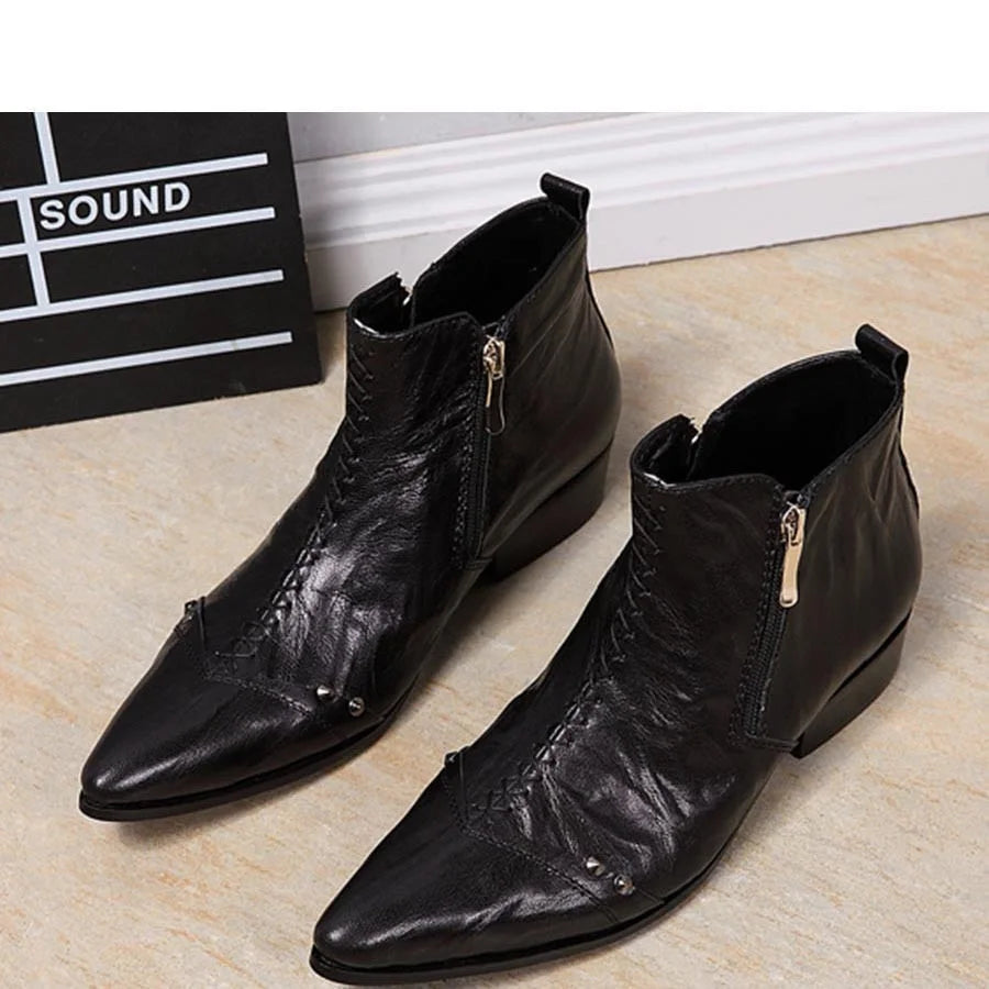 Men's Italian Type Genuine Leather Pointed Toe Zipper Ankle Boots