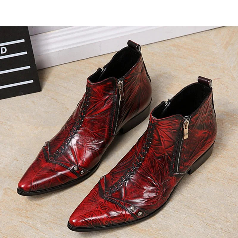 Men's Italian Type Genuine Leather Pointed Toe Zipper Ankle Boots