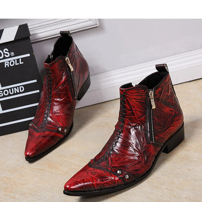 Men's Italian Type Genuine Leather Pointed Toe Zipper Ankle Boots