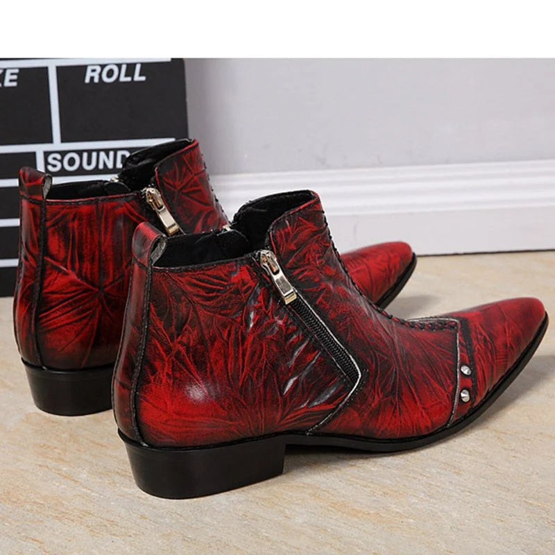 Men's Italian Type Genuine Leather Pointed Toe Zipper Ankle Boots