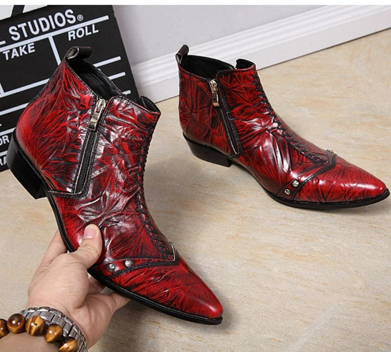 Men's Italian Type Genuine Leather Pointed Toe Zipper Ankle Boots