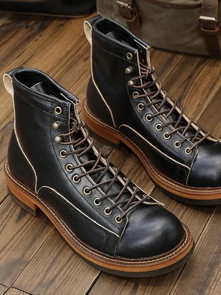 Men's Vintage British Style Lace Up Genuine Leather Round Toe Ankle Boots