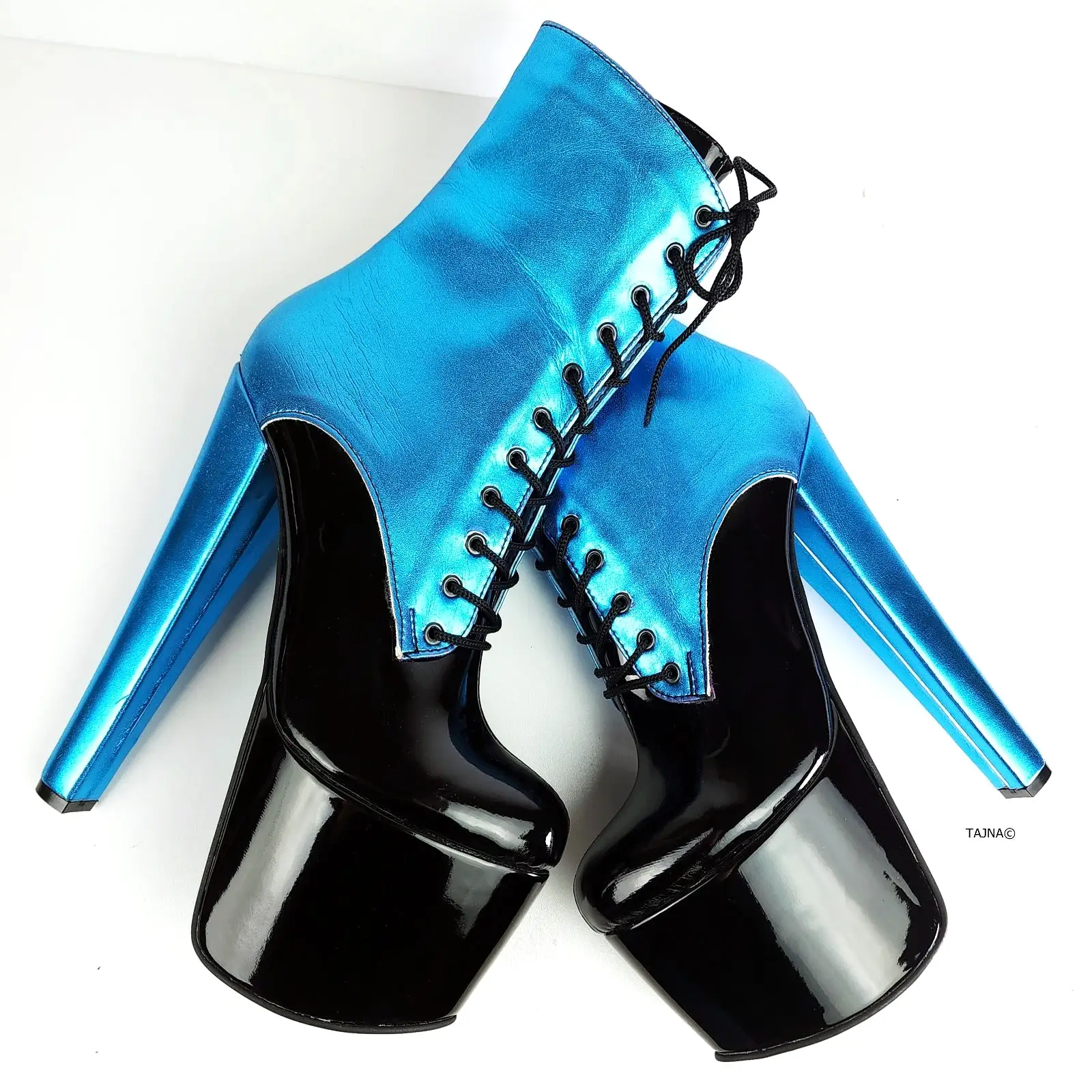 Metallic Blue Chunky Heel Platform Boots