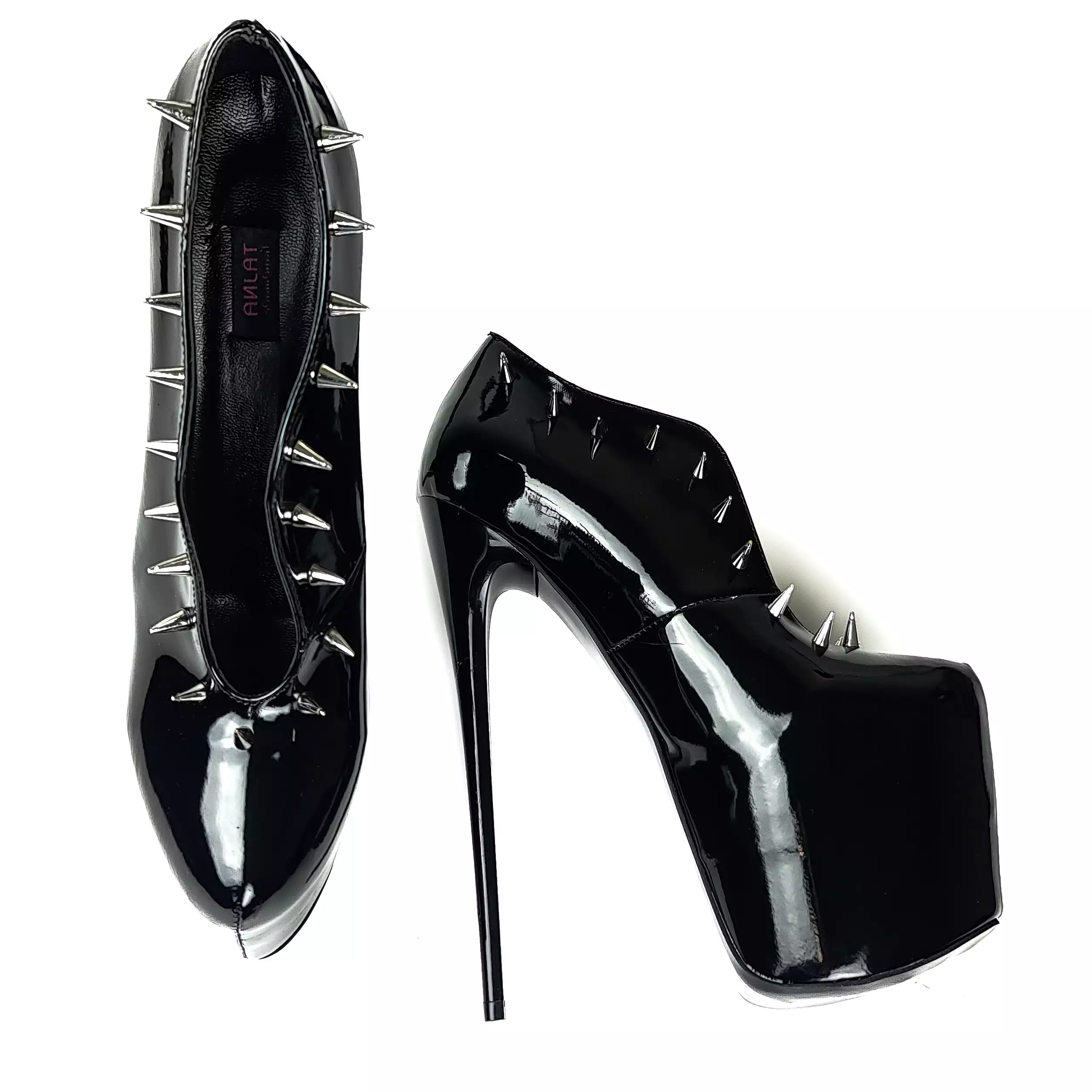 Mid Slit Black Gloss Spiked Ankle Cut High Heels