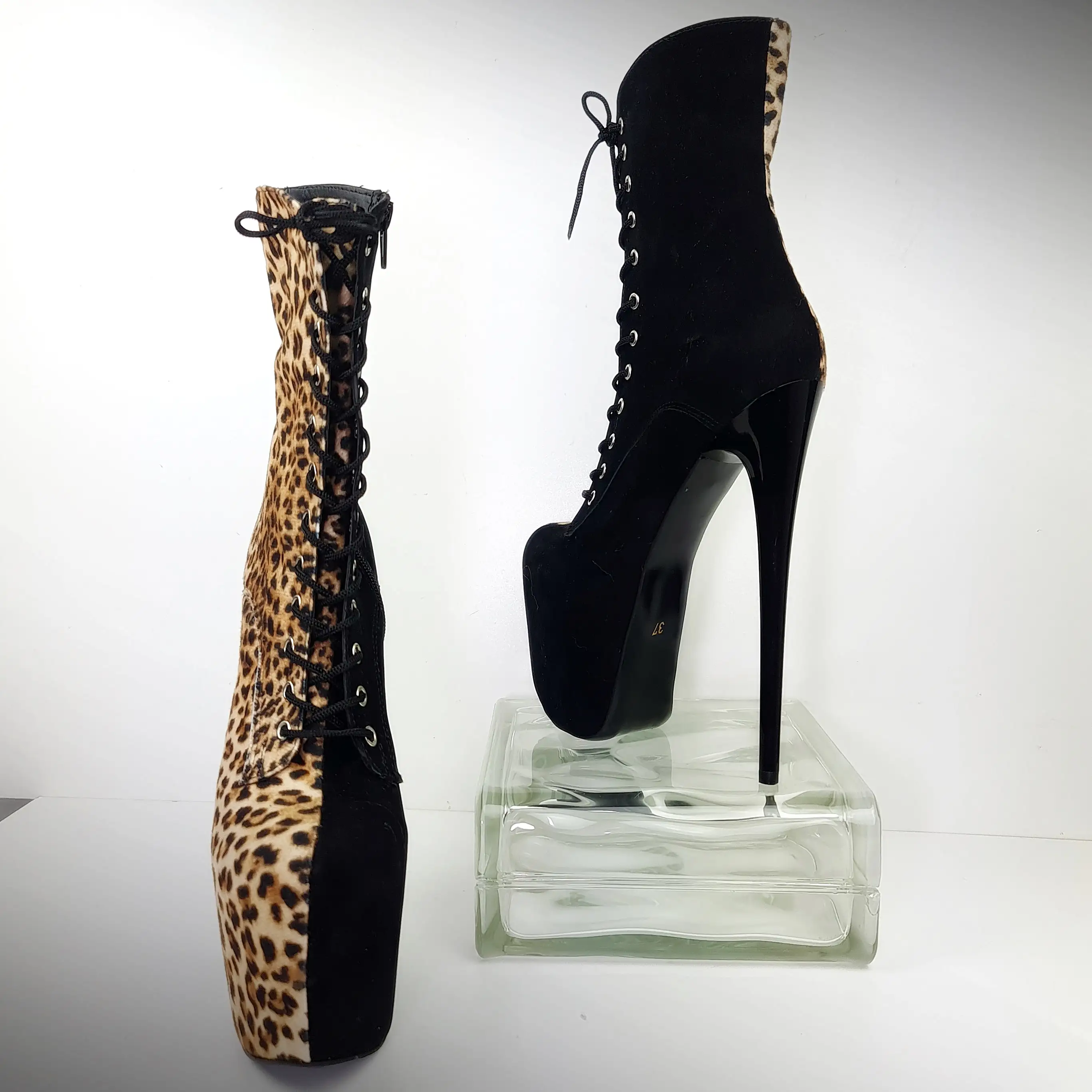 Multi Colour Black Suede Leopard Lace Up Boots