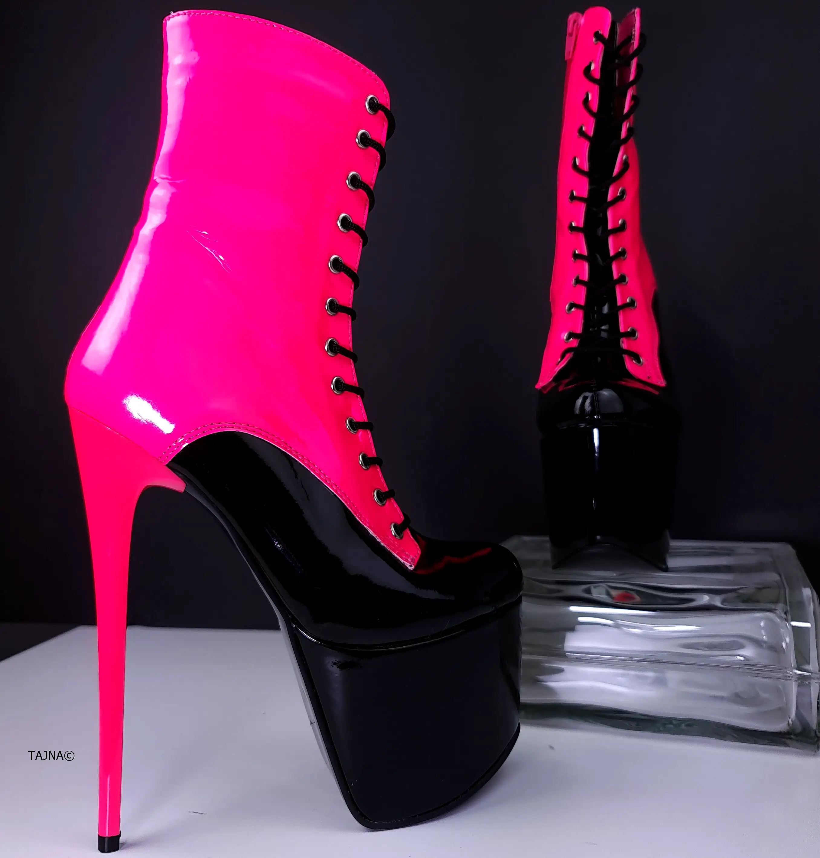 Multi Colour Neon Pink Black Gloss Lace Up Boots