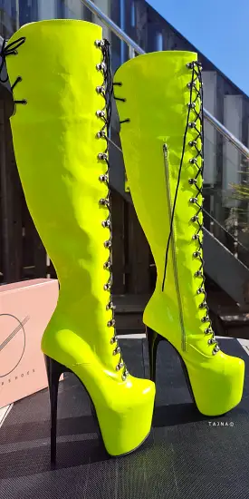 Neon Yellow Military Style Lace Up Heel Boots