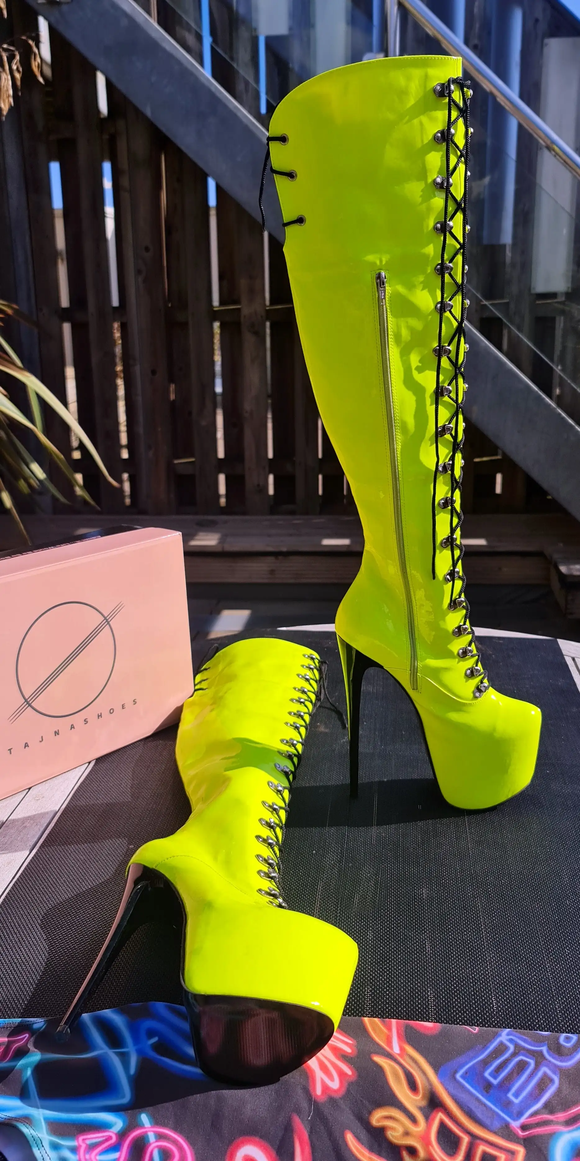 Neon Yellow Military Style Lace Up Heel Boots