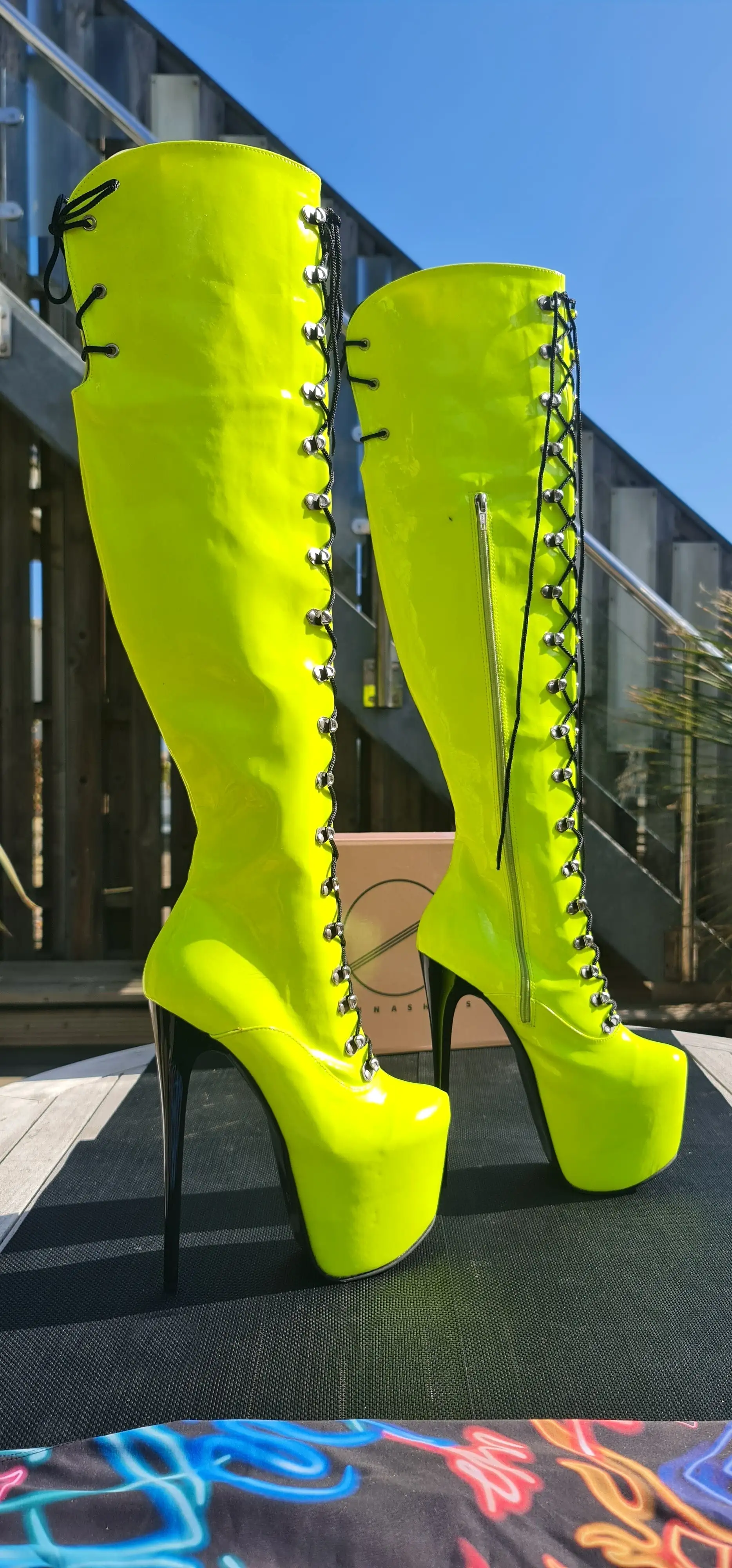 Neon Yellow Military Style Lace Up Heel Boots