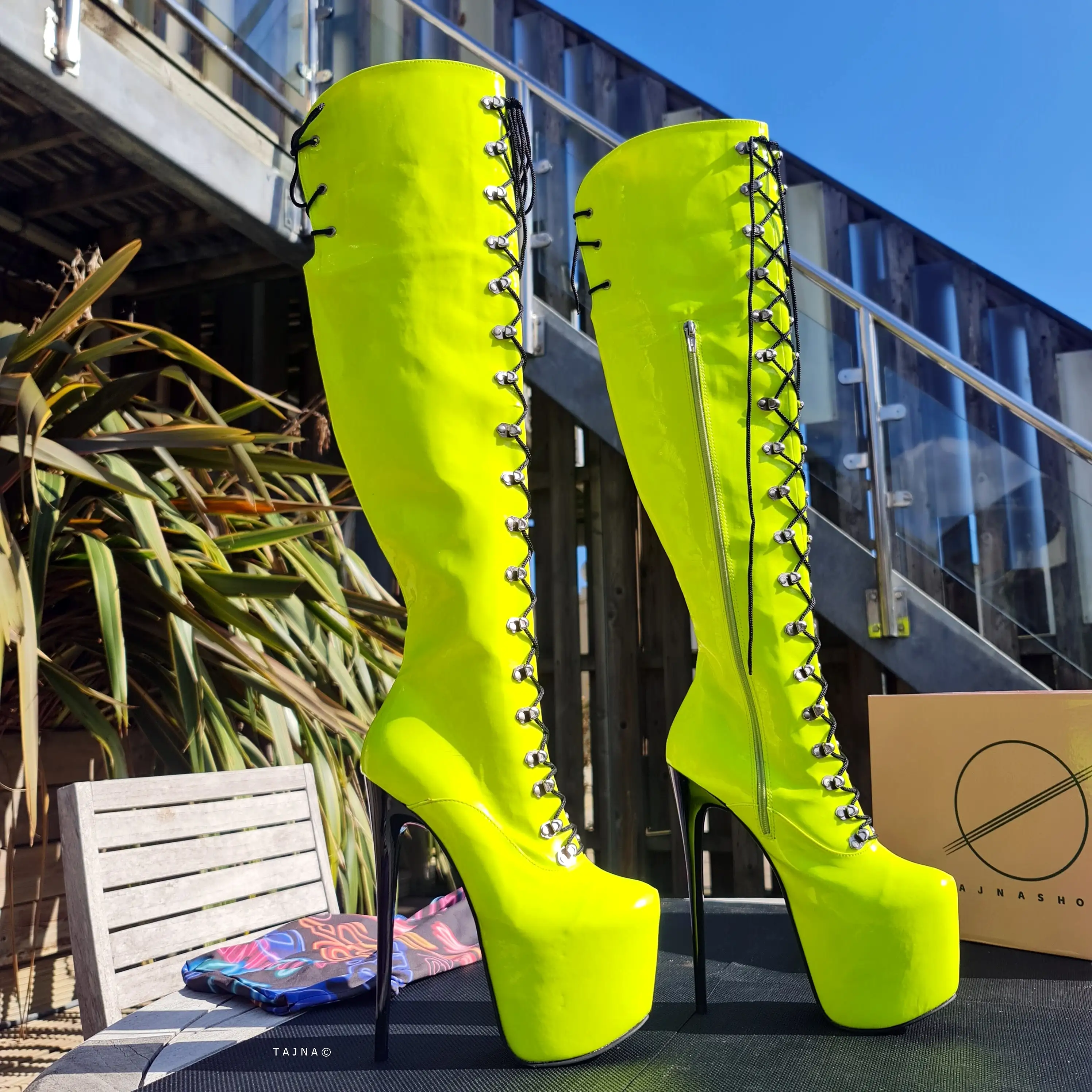 Neon Yellow Military Style Lace Up Heel Boots