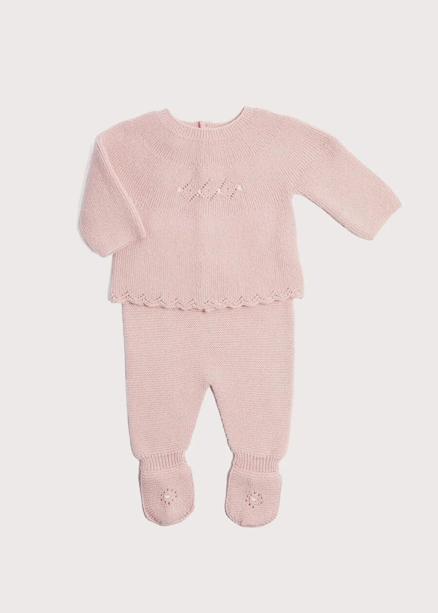 Openwork Contrast Dot Merino Wool Knitted Set in Pink (0-12mths)