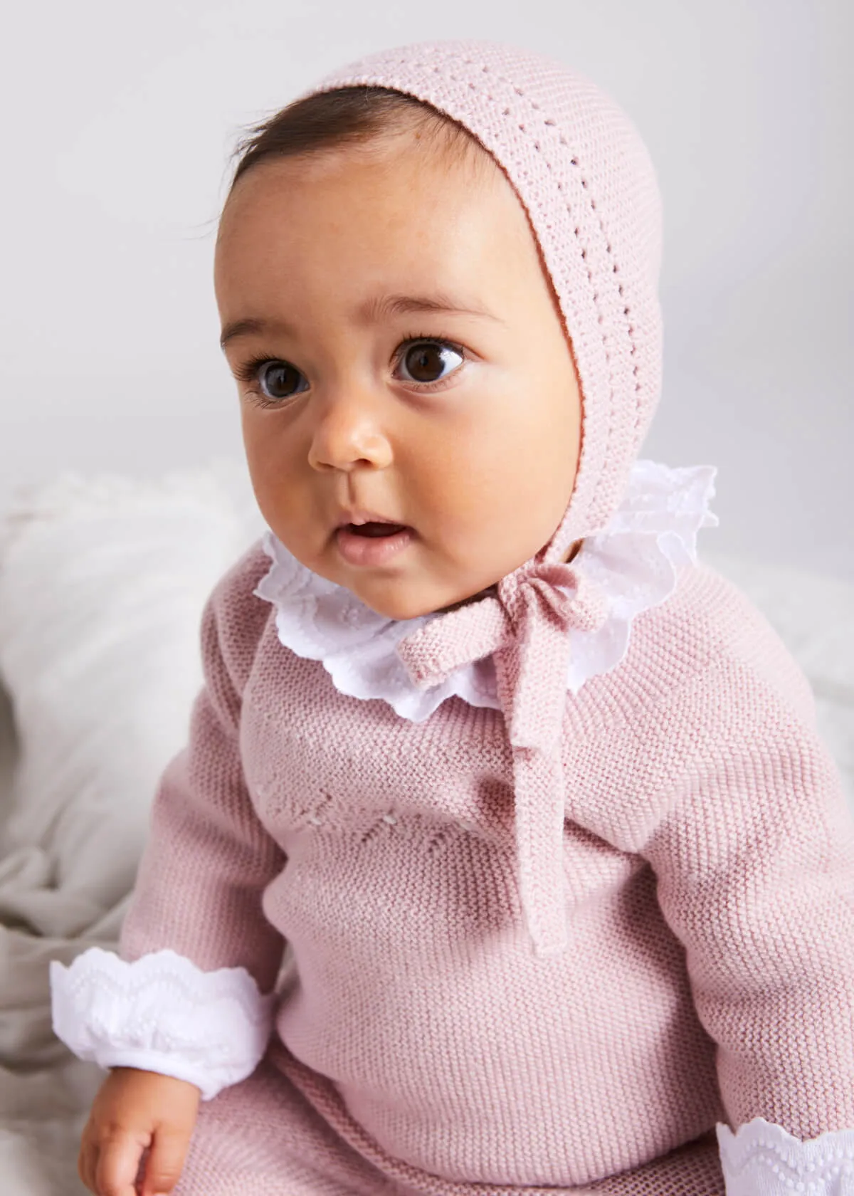 Openwork Contrast Dot Merino Wool Knitted Set in Pink (0-12mths)