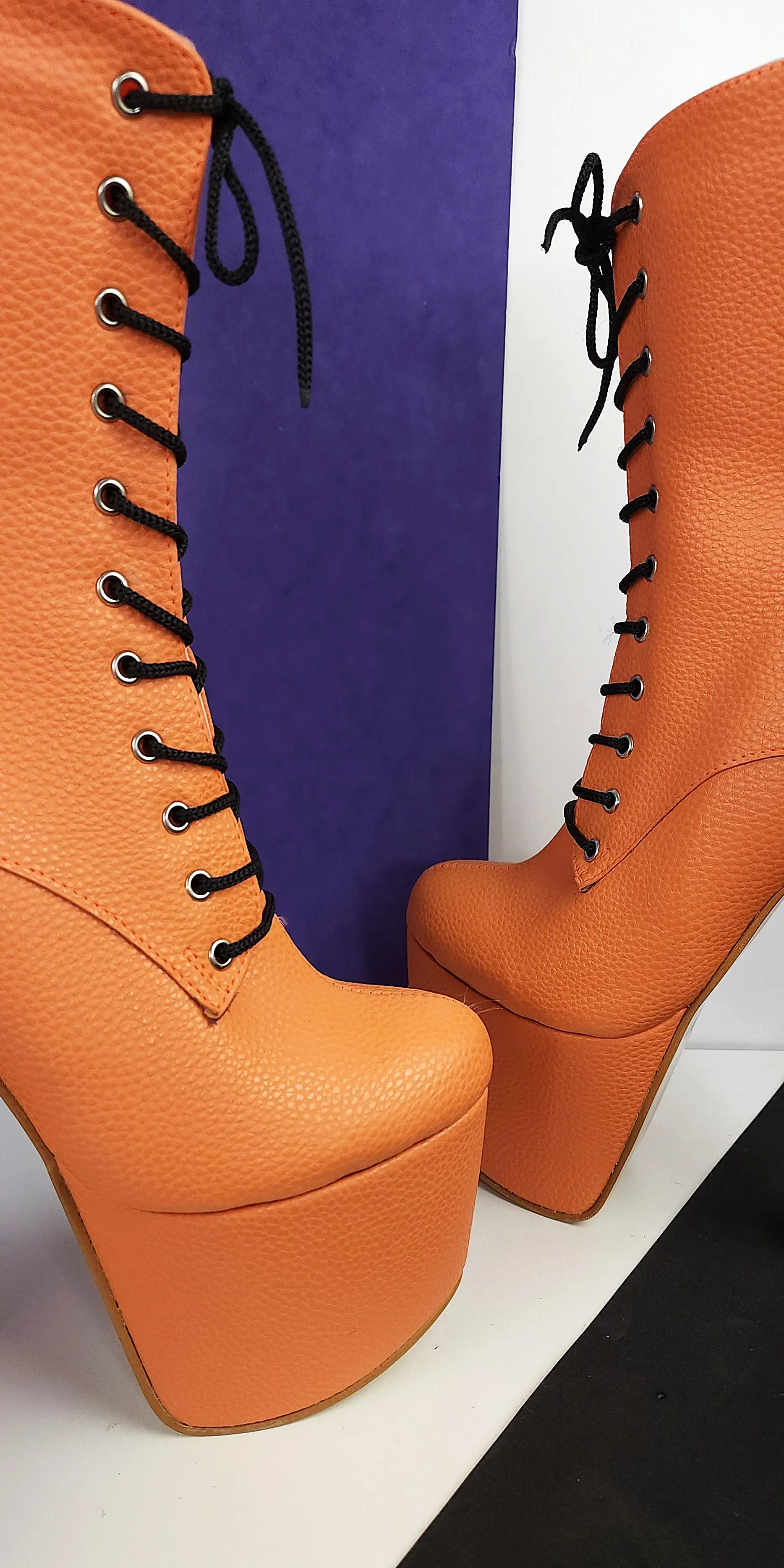 Orange Matte Lace Up Chunky Heel Boots