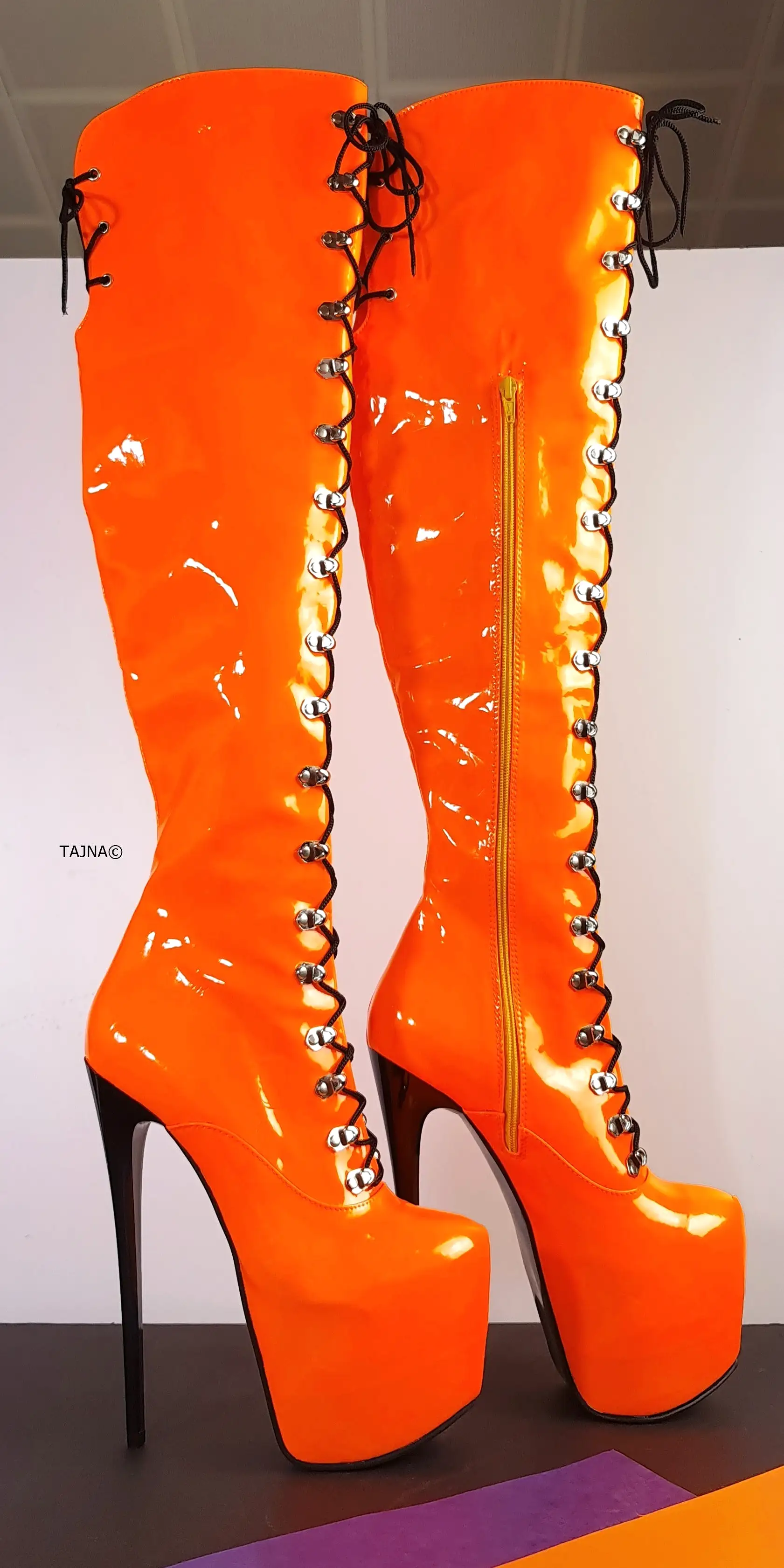 Orange Neon Gloss Military Style High Heel Boots