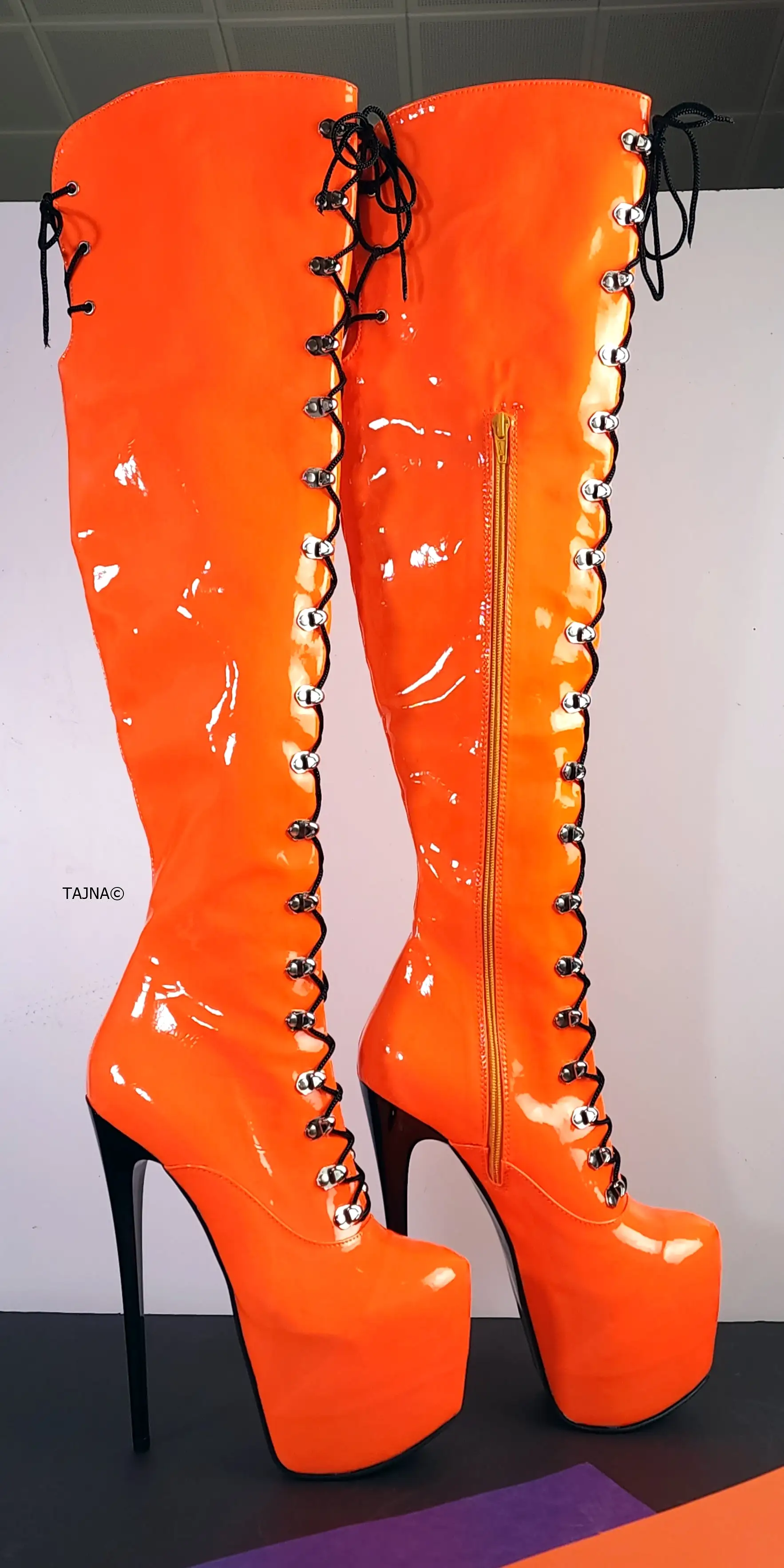 Orange Neon Gloss Military Style High Heel Boots