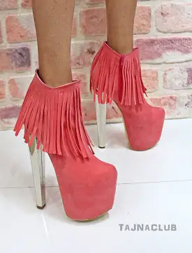 Peach Pink Fringe Ankle Boots Platform High Heel Boots