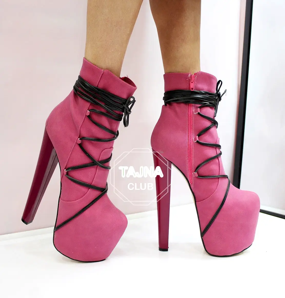 Pink Black Lace Up High Heel Platform Boots