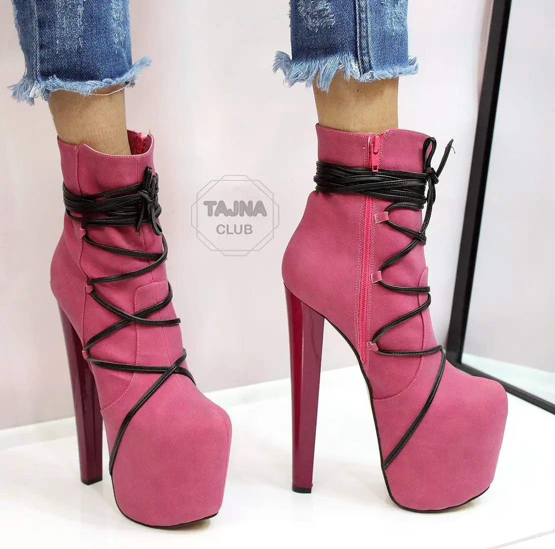 Pink Black Lace Up High Heel Platform Boots