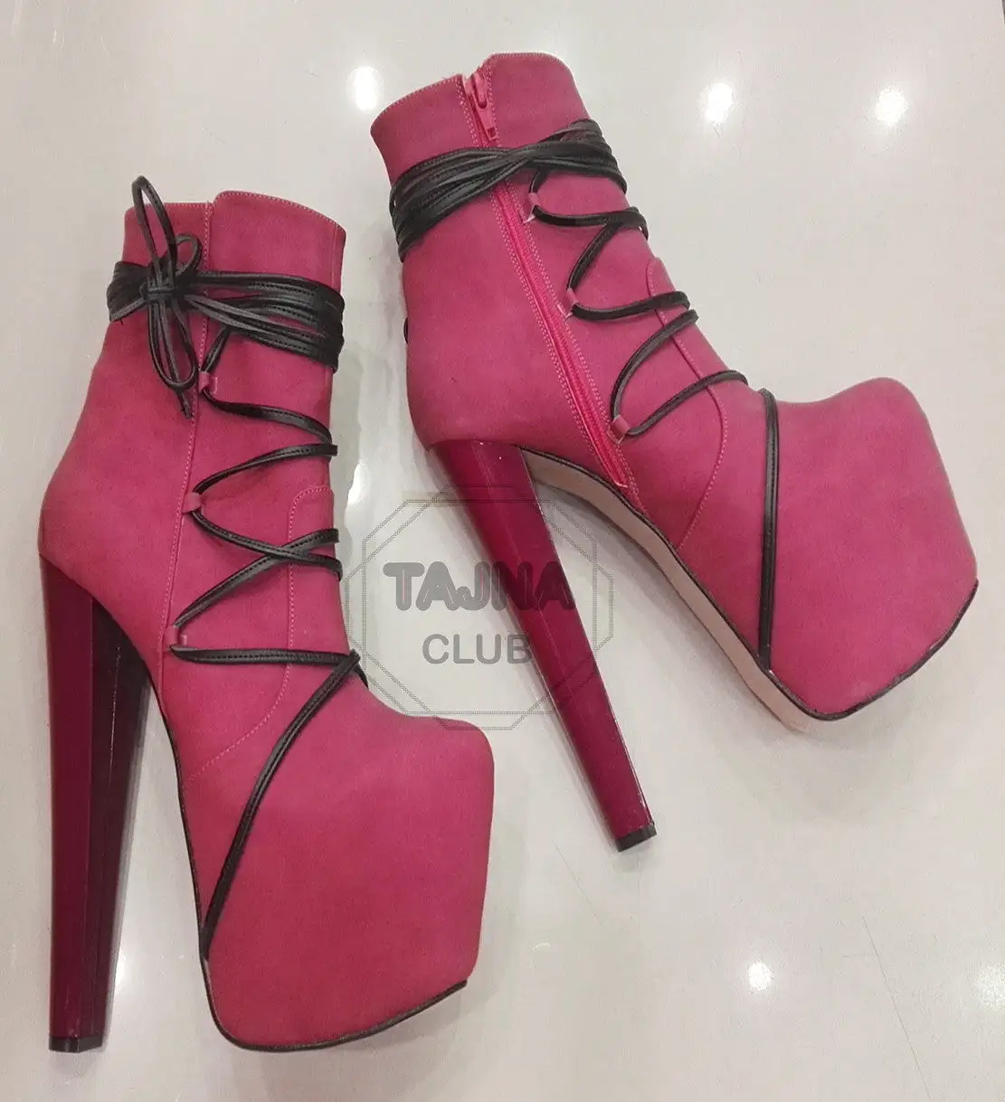 Pink Black Lace Up High Heel Platform Boots