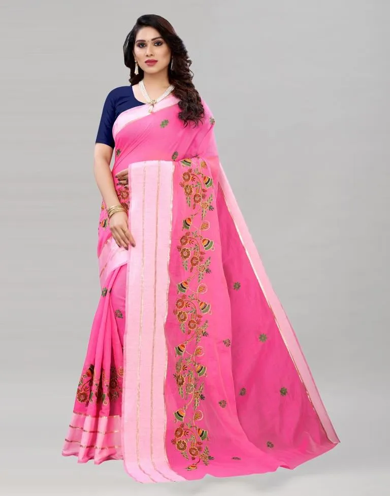 Pink Coloured Poly Cotton Embroidered Partywear saree