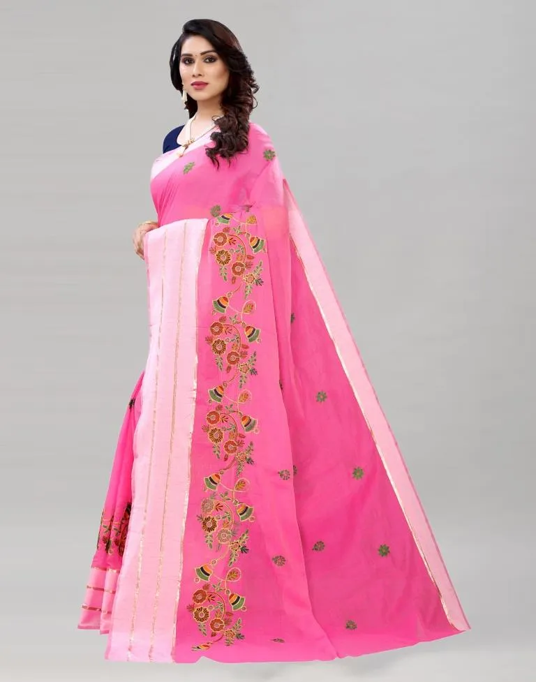 Pink Coloured Poly Cotton Embroidered Partywear saree