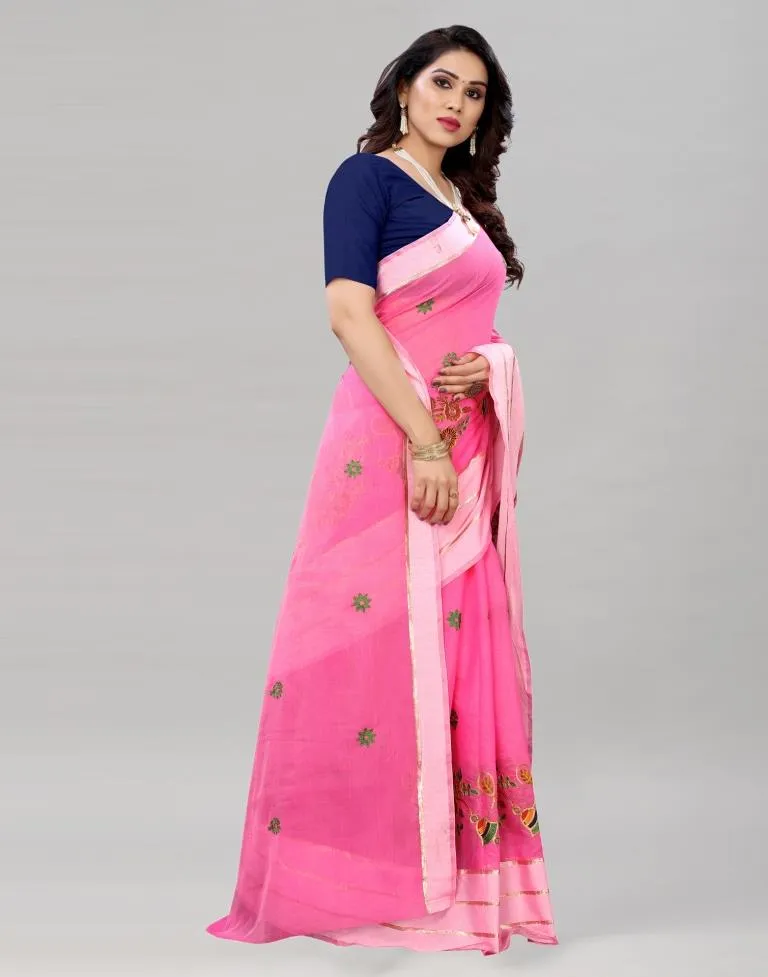 Pink Coloured Poly Cotton Embroidered Partywear saree