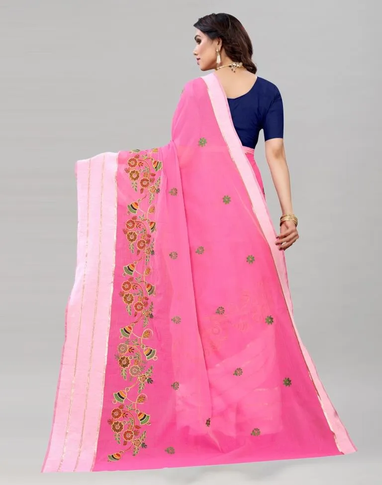 Pink Coloured Poly Cotton Embroidered Partywear saree