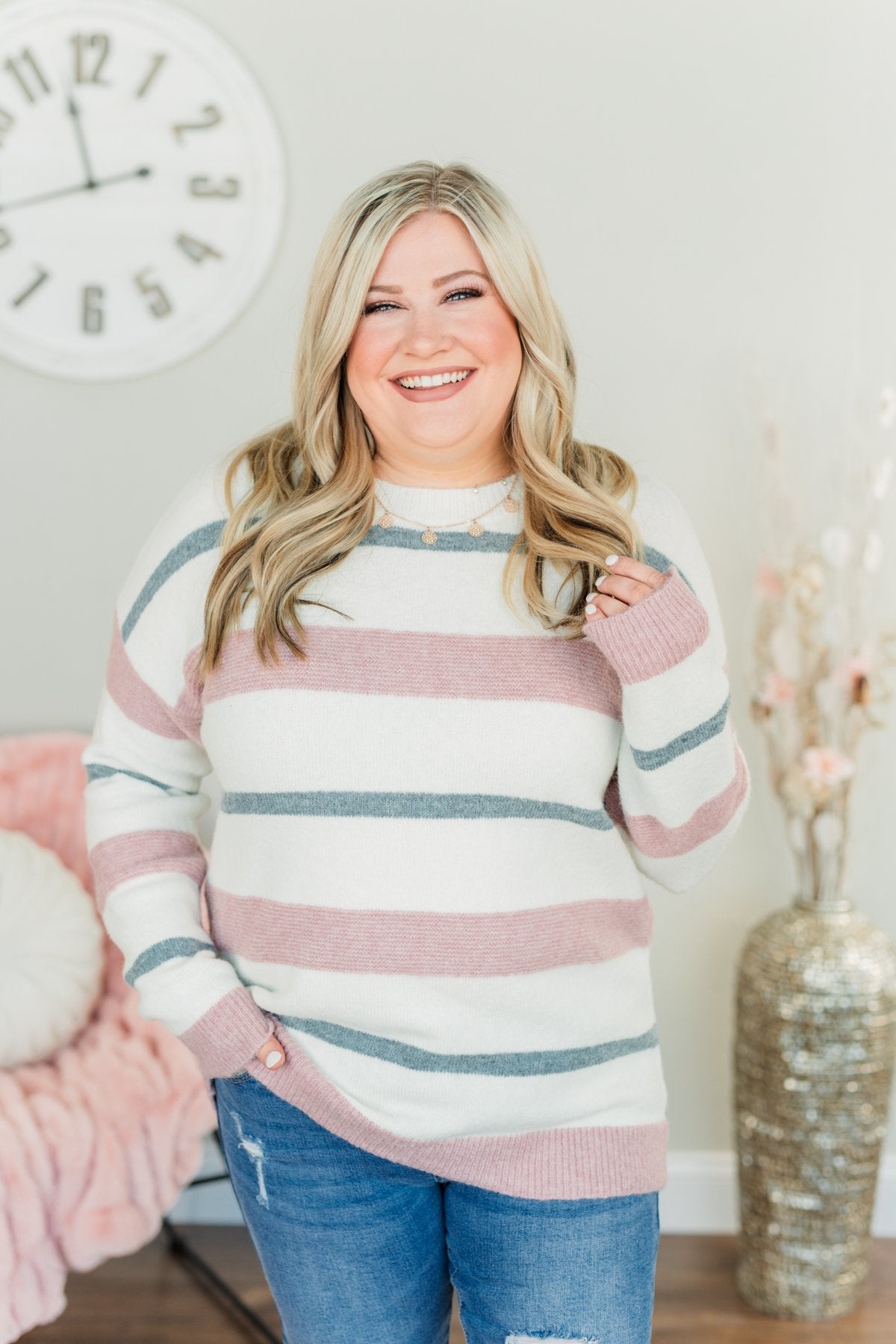 Proud Of Myself Striped Sweater- Ivory, Mauve, & Navy