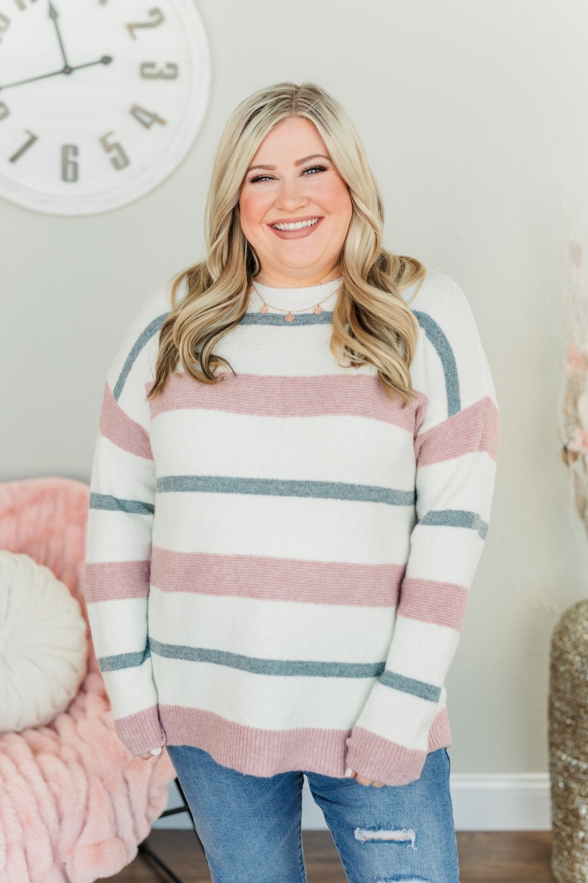 Proud Of Myself Striped Sweater- Ivory, Mauve, & Navy