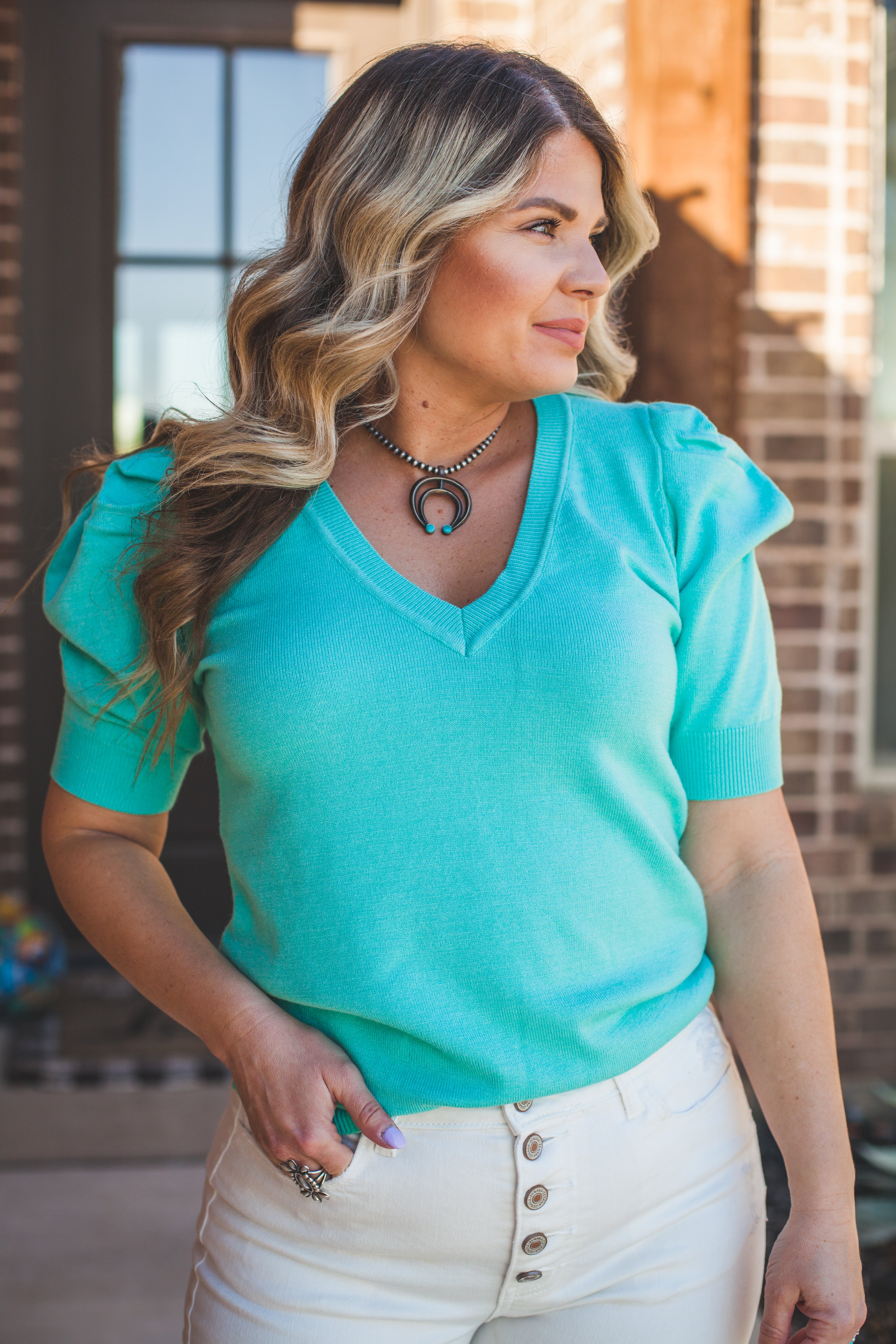 Puff Sleeve Knit Top in Aqua