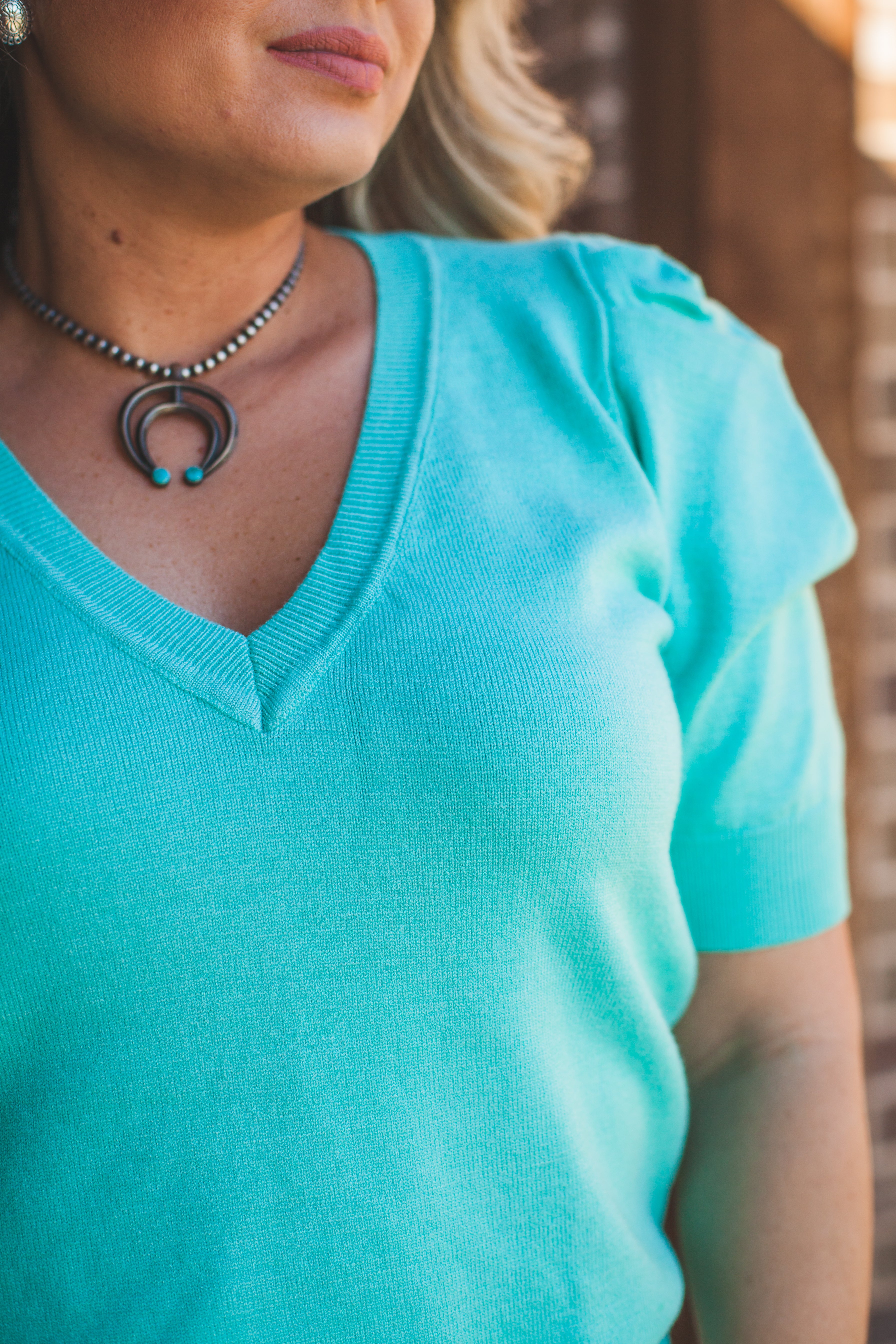 Puff Sleeve Knit Top in Aqua