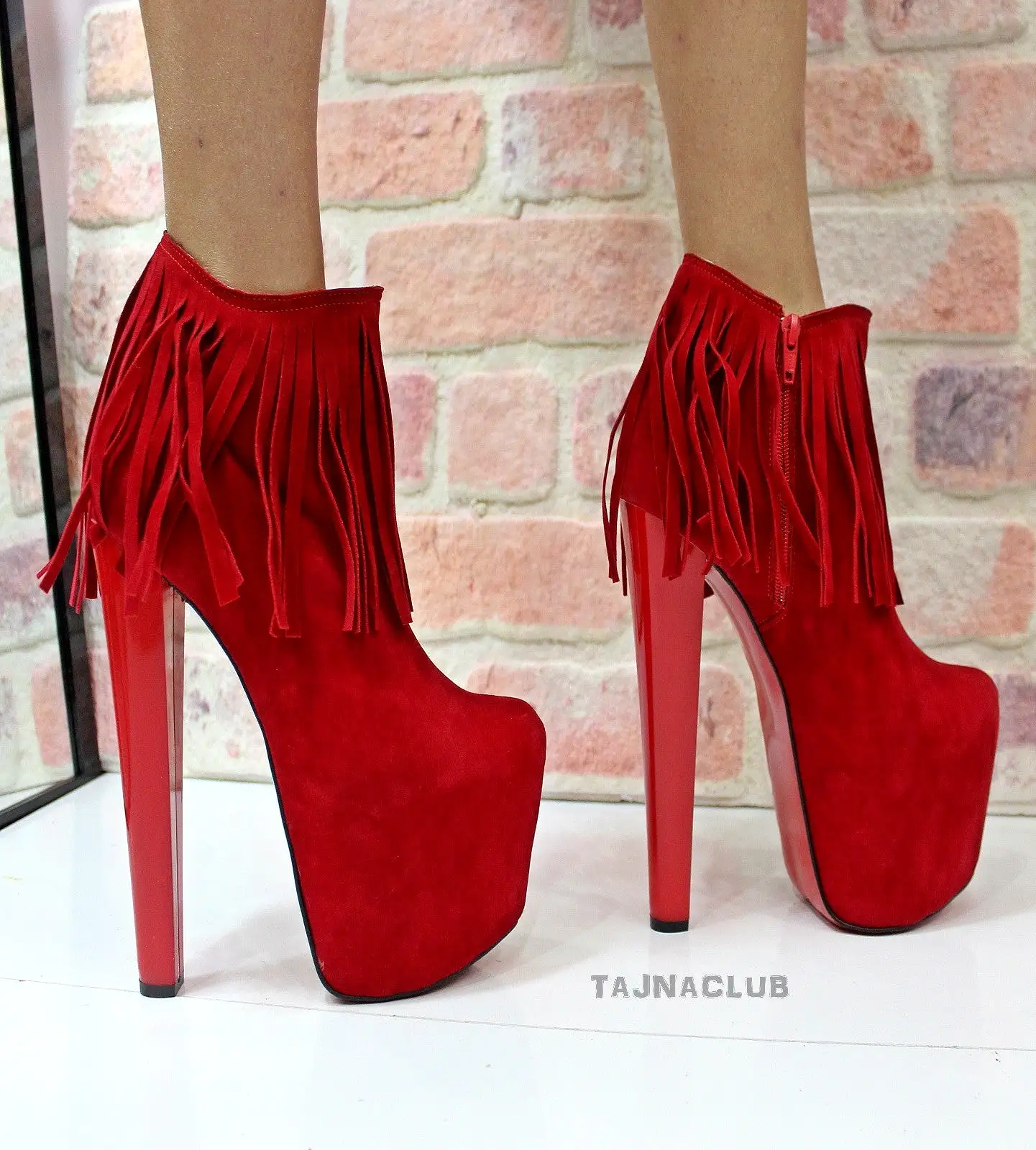 Red Fringe Platform Ankle Boots