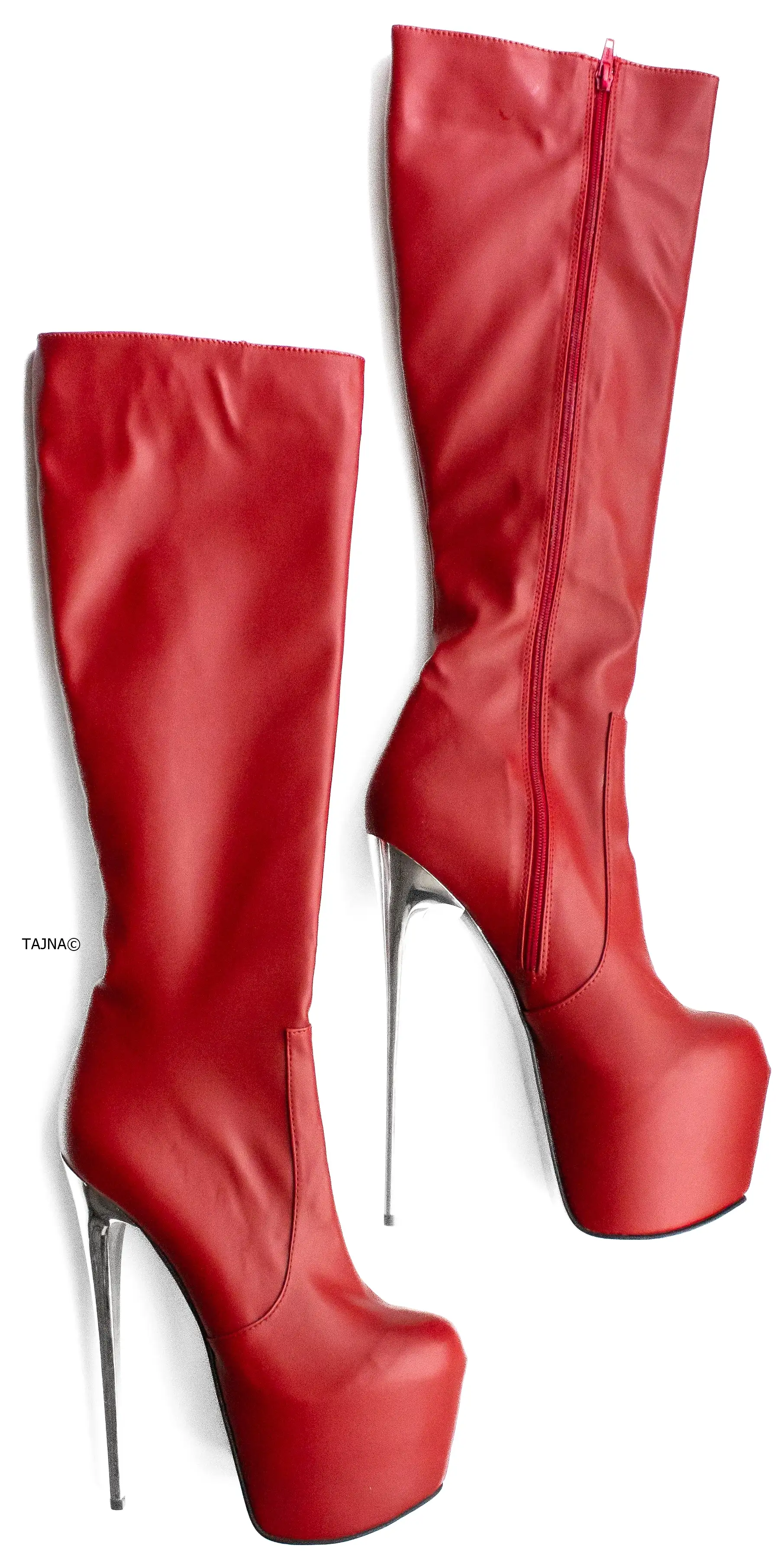 Red Matte Metallic Heel Mid-Calf Boots