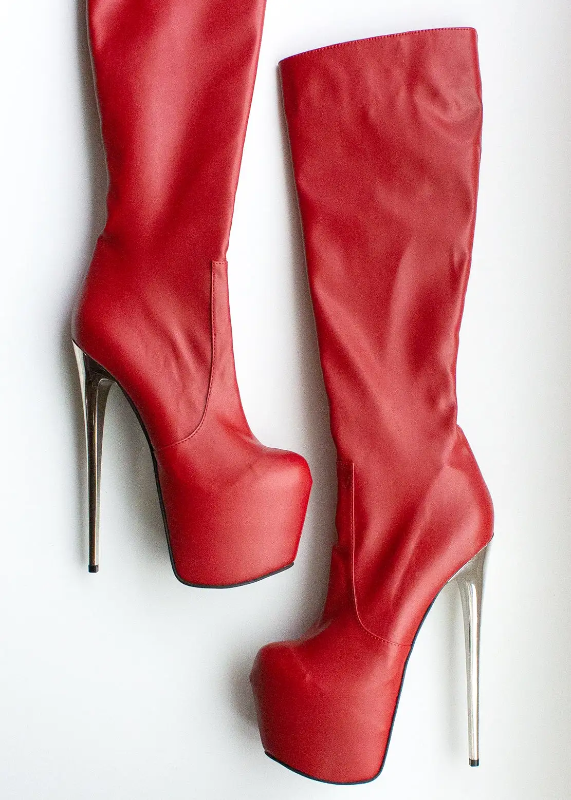 Red Matte Metallic Heel Mid-Calf Boots