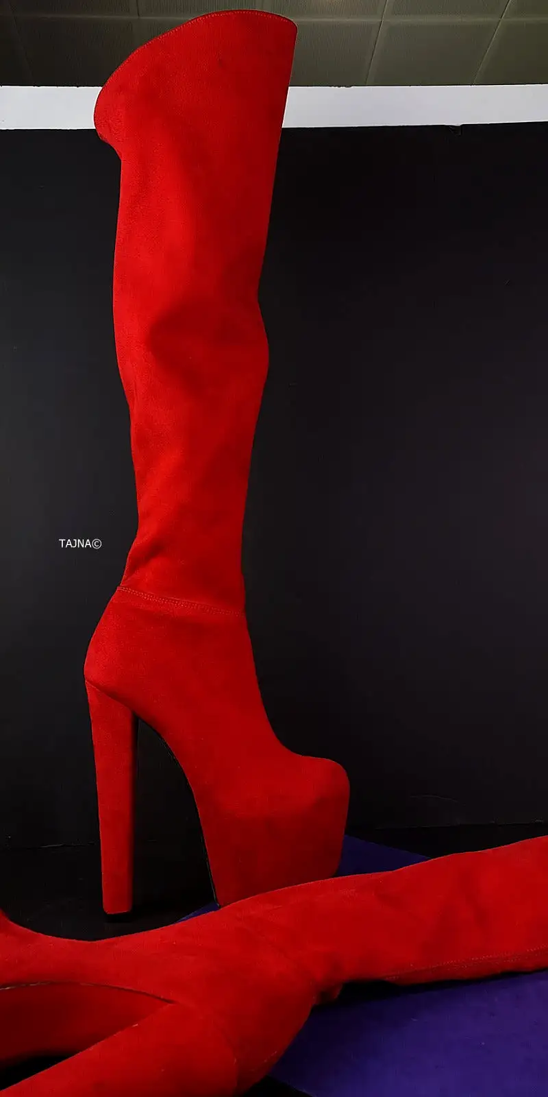 Red Suede Chunky Heel Over the Knee High Boots